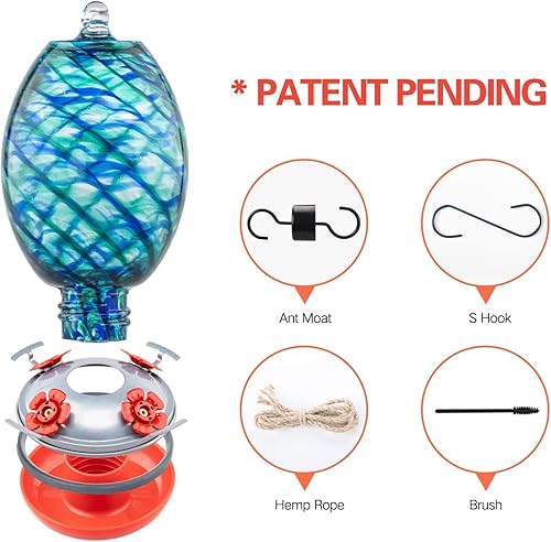 Miniatura 50 de Muse Garden - Comedero de vidrio soplado de 27 onzas para colibríes para exteriores; regalo p/mamá, mujeres, abuelos, decoración de jardín p/colgar