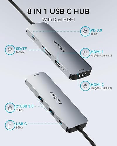 Miniatura 2 de MOKiN Estación de acoplamiento USB C para monitor doble, adaptador USB C a HDMI dual, estación de acoplamiento para laptop 8 en 1 con 2 HDMI (4K 60