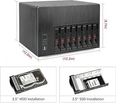 8 Bay Mini ITX Micro ATX NAS Case, Hot Swap Drive Bays DIY Storage Enclosure, Dual Independent Air Channel, Support 3.5/2.5 HDD SSD for Home Media Server Small Business Data Backup