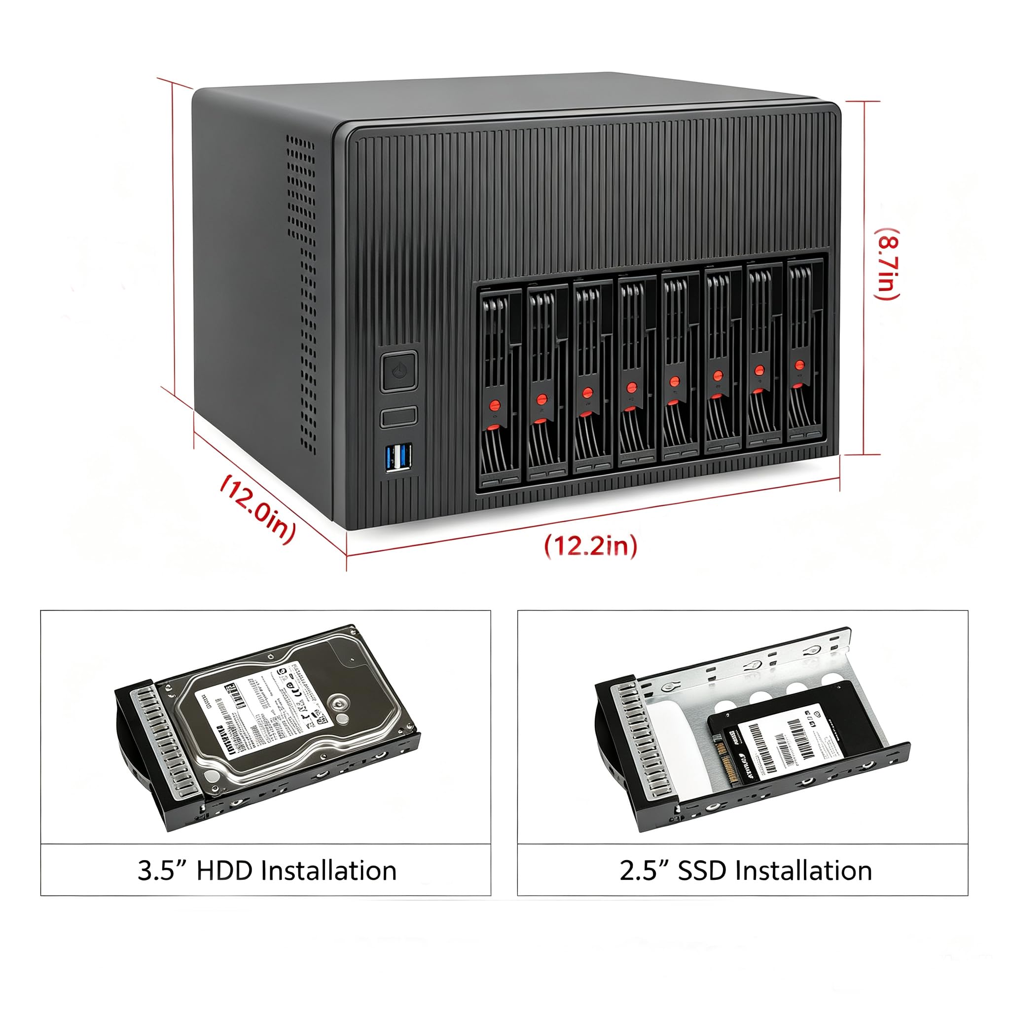 K7 Boîtier NAS 8 baies compatible avec les boîtiers d'ordinateur, carte mère Micro-ATX Mini-ITX, 3 ventilateurs, plateau de 8 x 2,5/3,5", serveur de stockage réseau pour la maison (sans disque