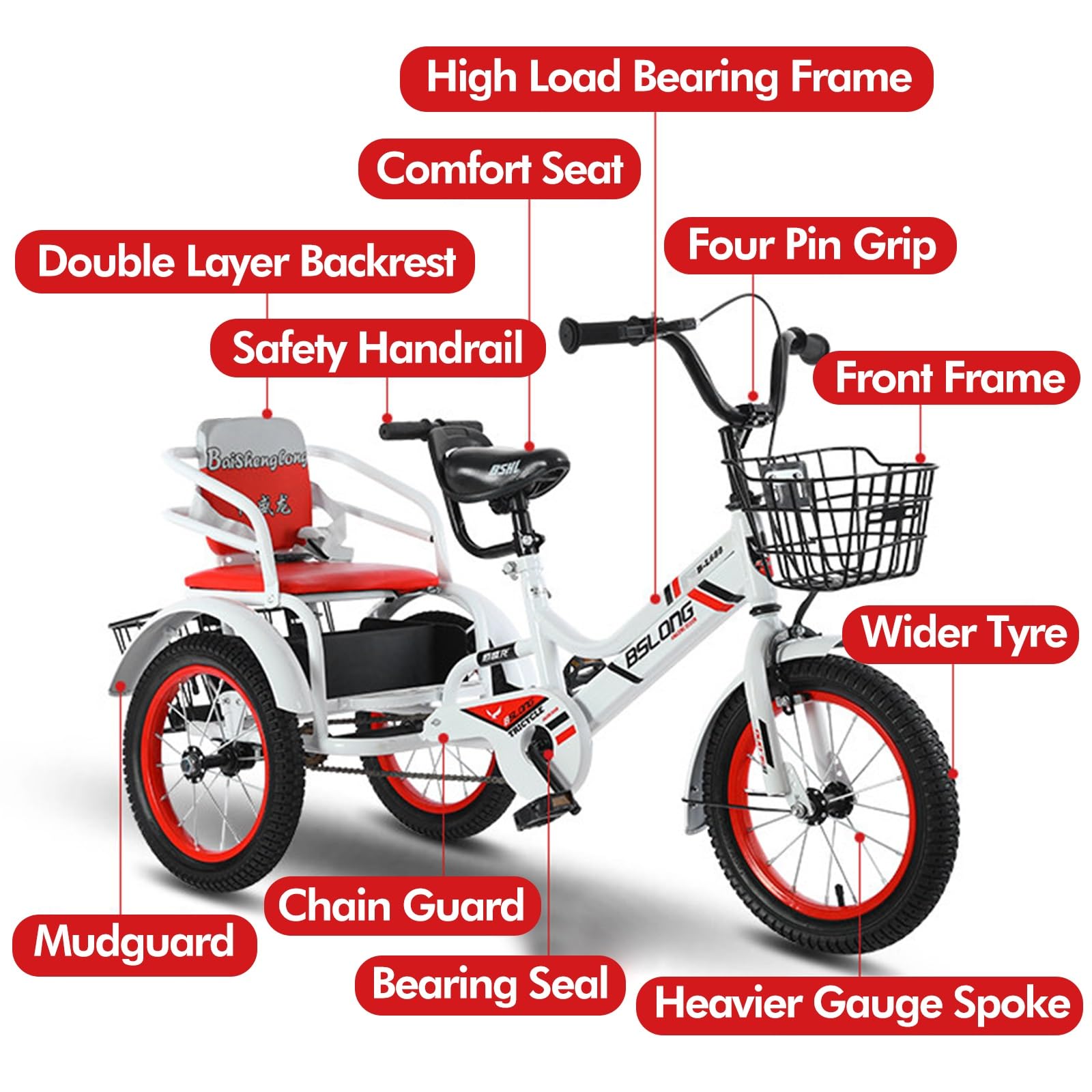 SRNSAEB Triciclo per Adulti, Bici a Tre Ruote per Bambini, Carrello per Due Bambini, Robusta Bici da Crociera a 3 Ruote per Principianti, Rosso, 16 pollici
