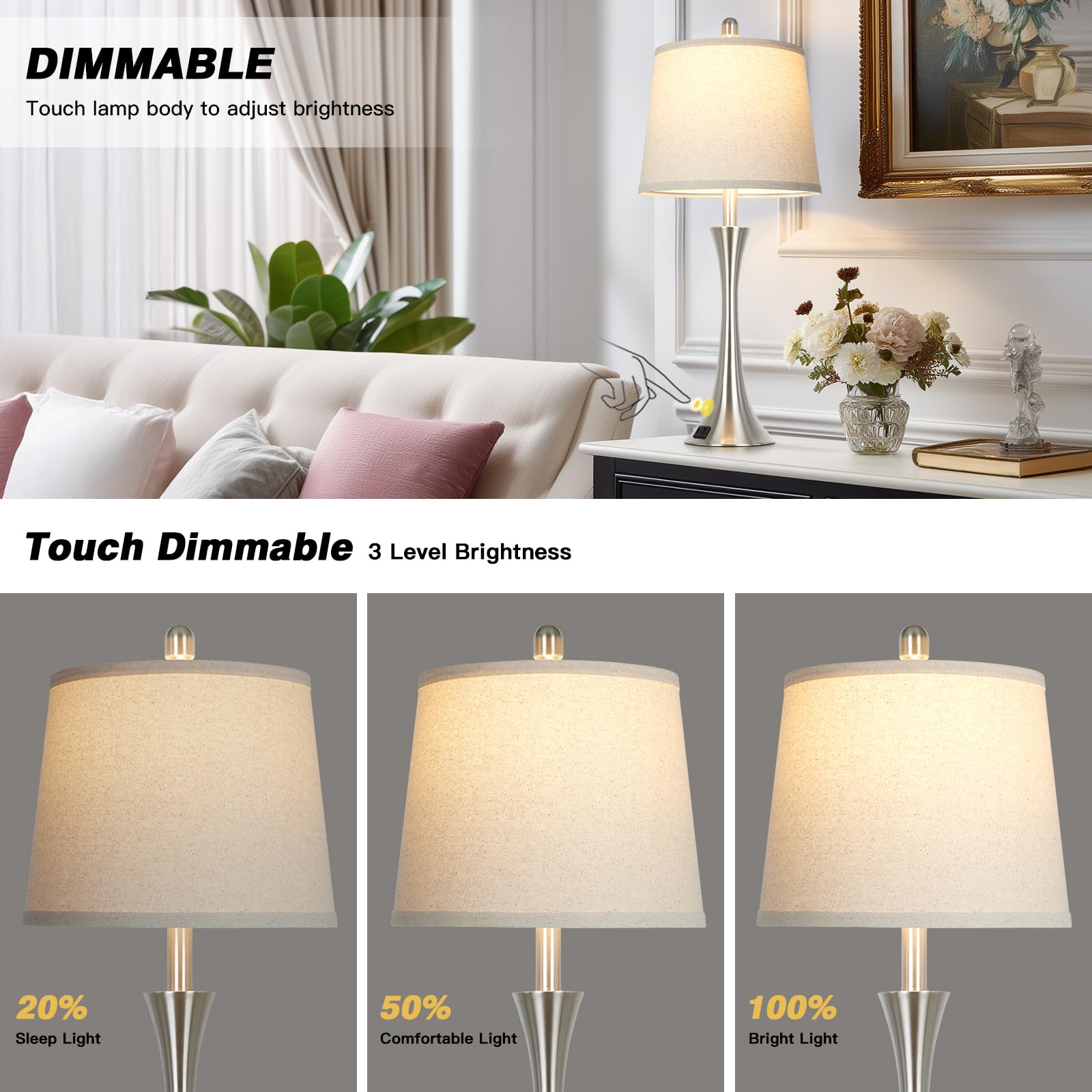 Rinweey 69.8 cm Silber Tischlampen, Touch Nachttischlampen mit USB C+A Ports, 3 Wege Dimmbare Nachttischlampen für Schlafzimmer, Wohnzimmer, Büro, Silberlampe mit beigem Lampenschirm, Glühbirnen