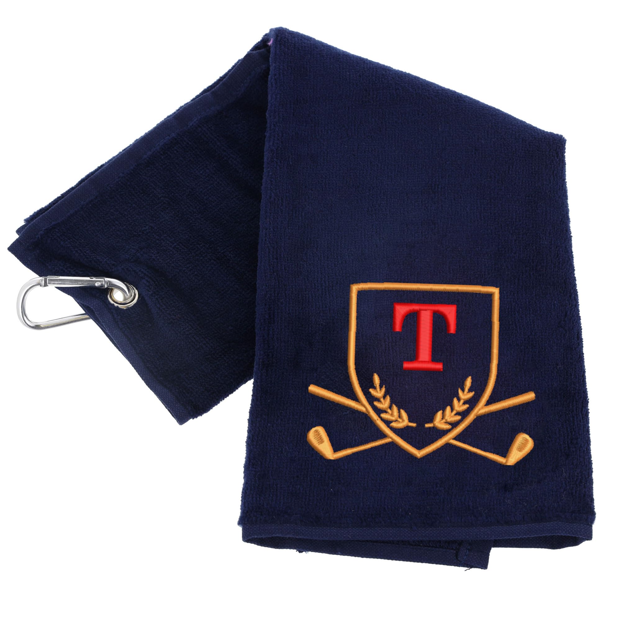 Always Looking Good Golf Towel with Monogrammed Embroidery Initial Letter Luxury Velour 50cm x 40cm Custom Embroidered Golf Towel with Carabiner Clip Gift- Golf Gifts for Men (Navy, T)