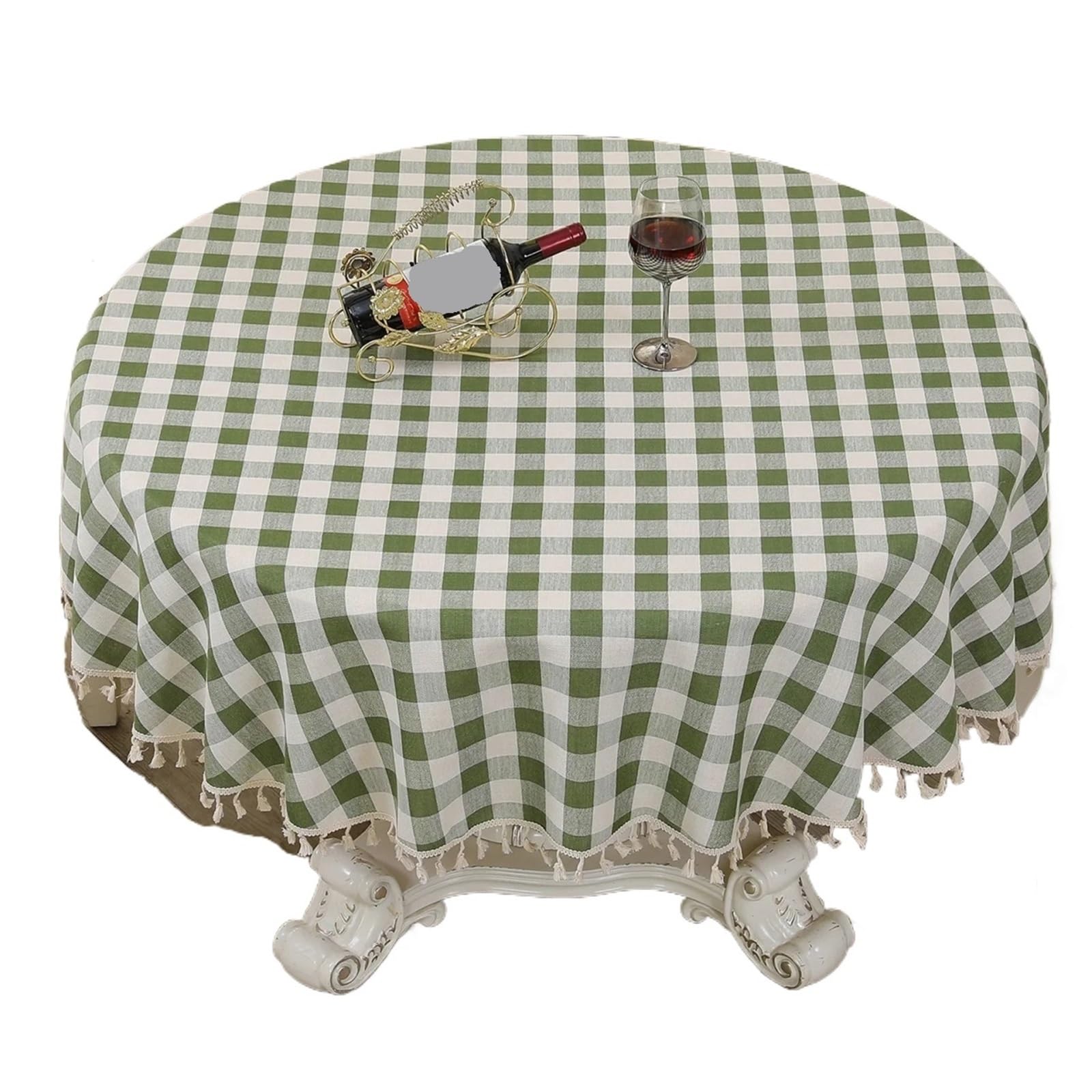 ZHSOAO Tassels Cotton Linen Round Tablecloth Restaurant Thread Check Table Cover Cloth for Cafe(Green,Diameter 90cm)