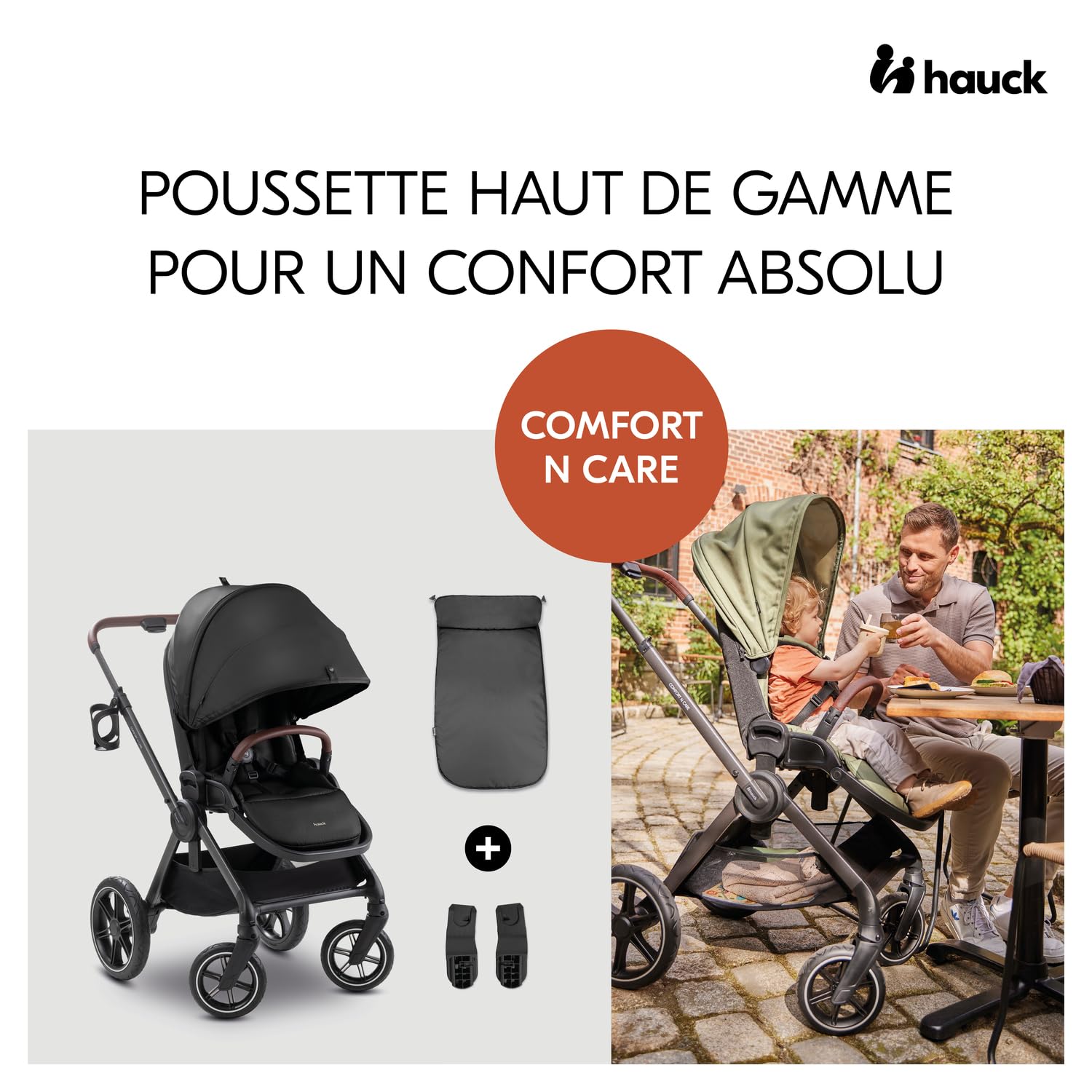 hauck Poussette Compacte, Couvre Jambes et Canopy XL, Comfort N Care Black | Grandes roues caoutchouc, poignée réglable, siège réversible, UPF 50+, position allongée dès la naissance à 22 kg / 4 ans