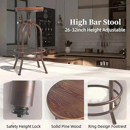 Miniatura 9 de Juego de 2 taburetes de bar industriales, taburetes giratorios retro de 26 a 32.3 pulgadas, silla de cocina extra alta, altura de mostrador de barra