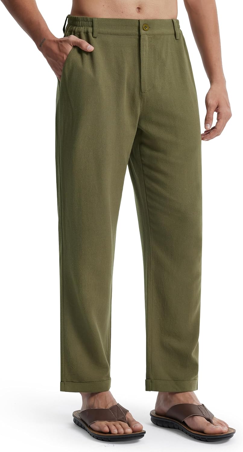 Libin Men's Linen Pants Elastic Waist Lightweight Casual Pants Comfy Summer Beach Travel Lounge Trousers with Pockets