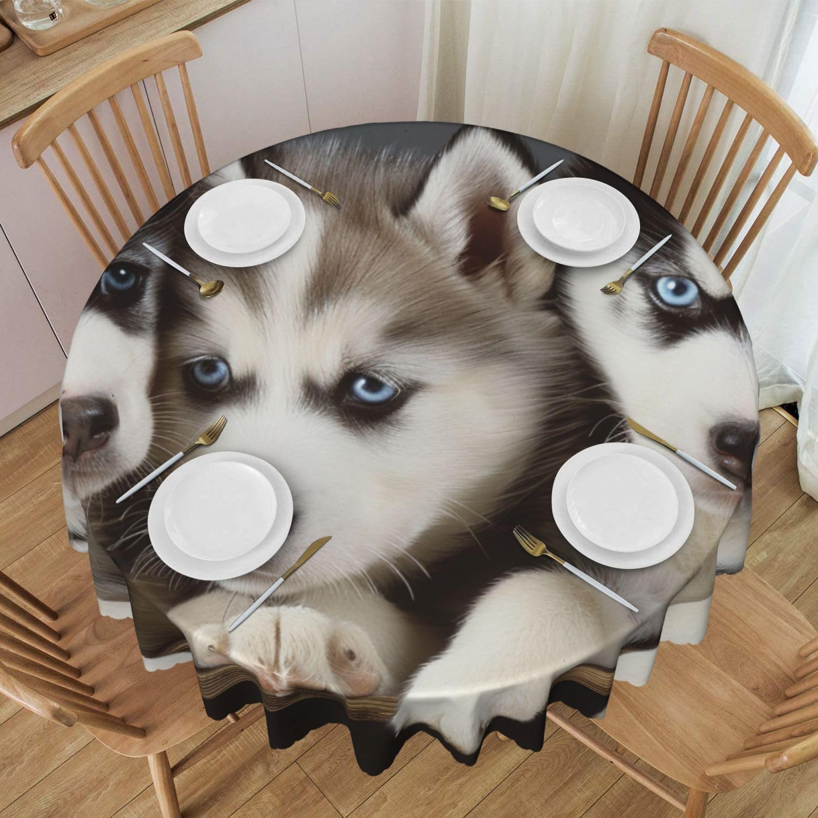 WPKJU Husky Puppies Dogs Printed Round Tablecloth 60 Inch with Lace Trim, Water-Resistant Washable Table Cover for Farmhouse Weddings, Outdoor Picnics & Holiday Dining