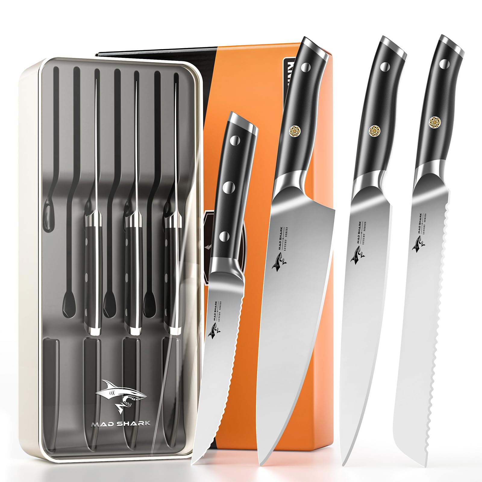 MAD SHARK 8-Piece Knife Block Set German High-Carbon Steel Chef Set 15 Ultra-Sharp Edge Full-Tang Lightweight Handle Gift