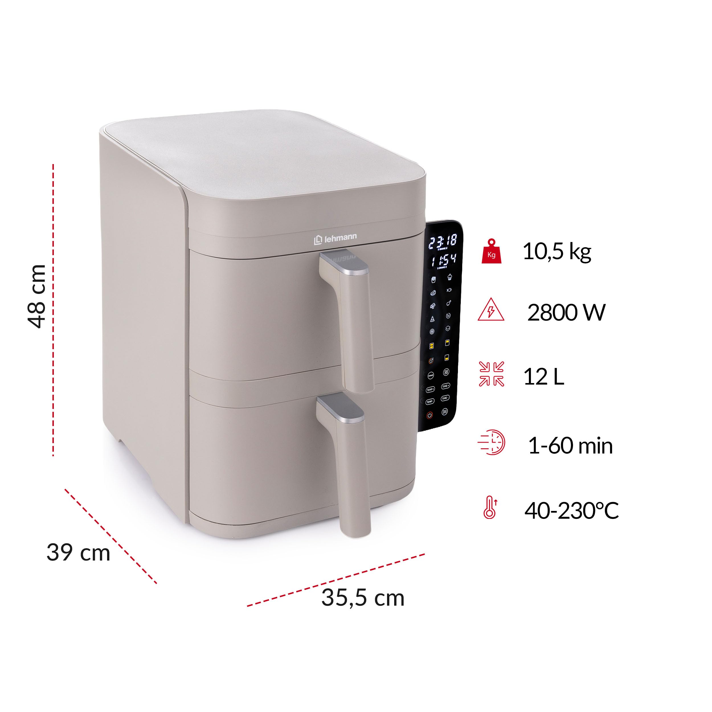 LEHMANN Frytkownica na gorące powietrze, 2 komory XXL, 12 l, 2 pionowe szuflady, 40-230 °C, powłoka nieprzywierająca, 10 programów, oszczędność miejsca, bezolejowa podwójna komora Airfryer dla dużej