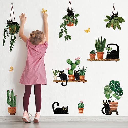 Miniatura 3 de Yovkky Calcomanías de pared de plantas en maceta de gatos negros, caricaturas, gatito, bonsái, guardería, sala de juegos, decoración de cactus para
