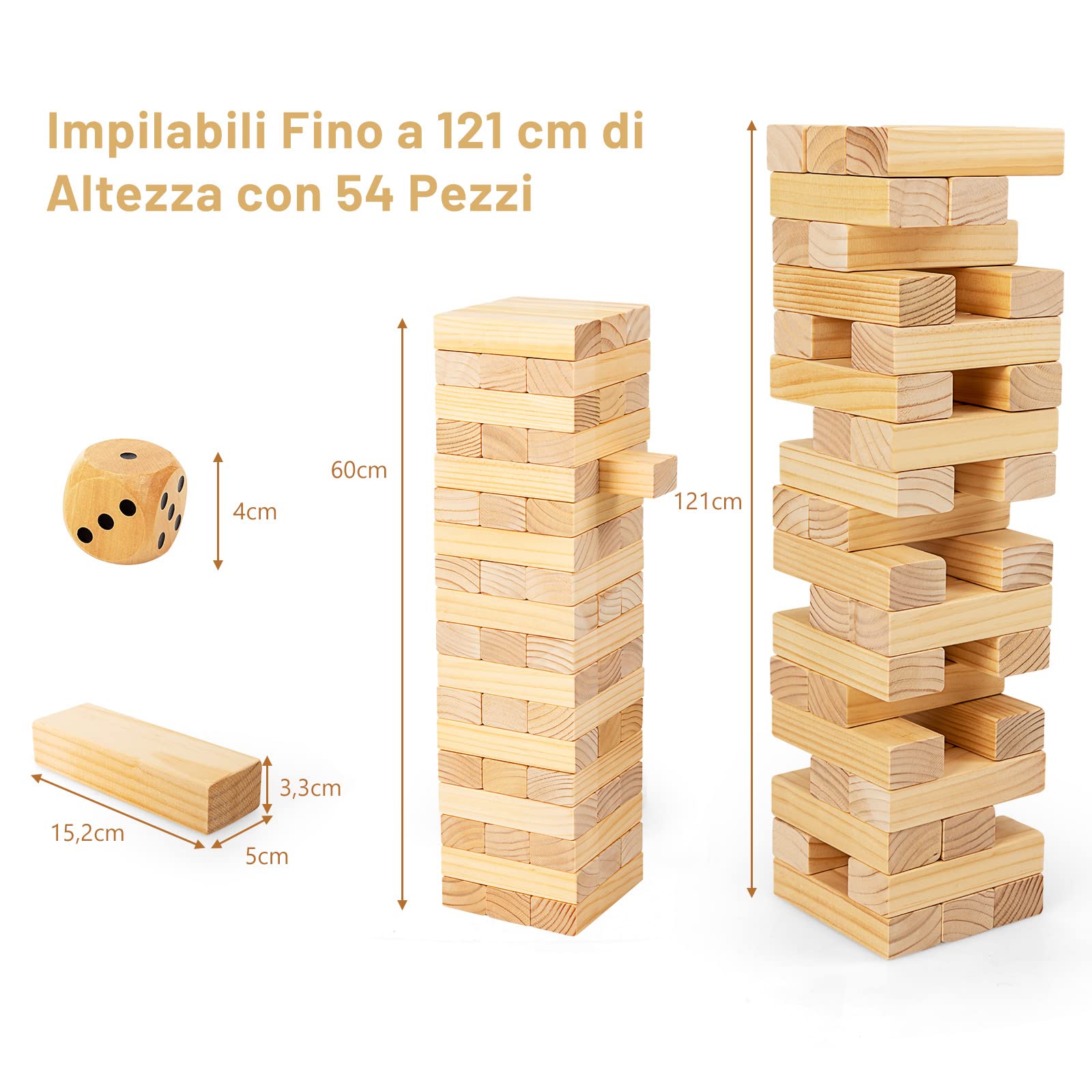 RELAX4LIFE Torre Traballante in Legno di Pino da Sottrarre e Costruire, con 54 Blocchi Impilabili, Dado, Borsa di Trasporto Portatile, per Bambini e Adulti