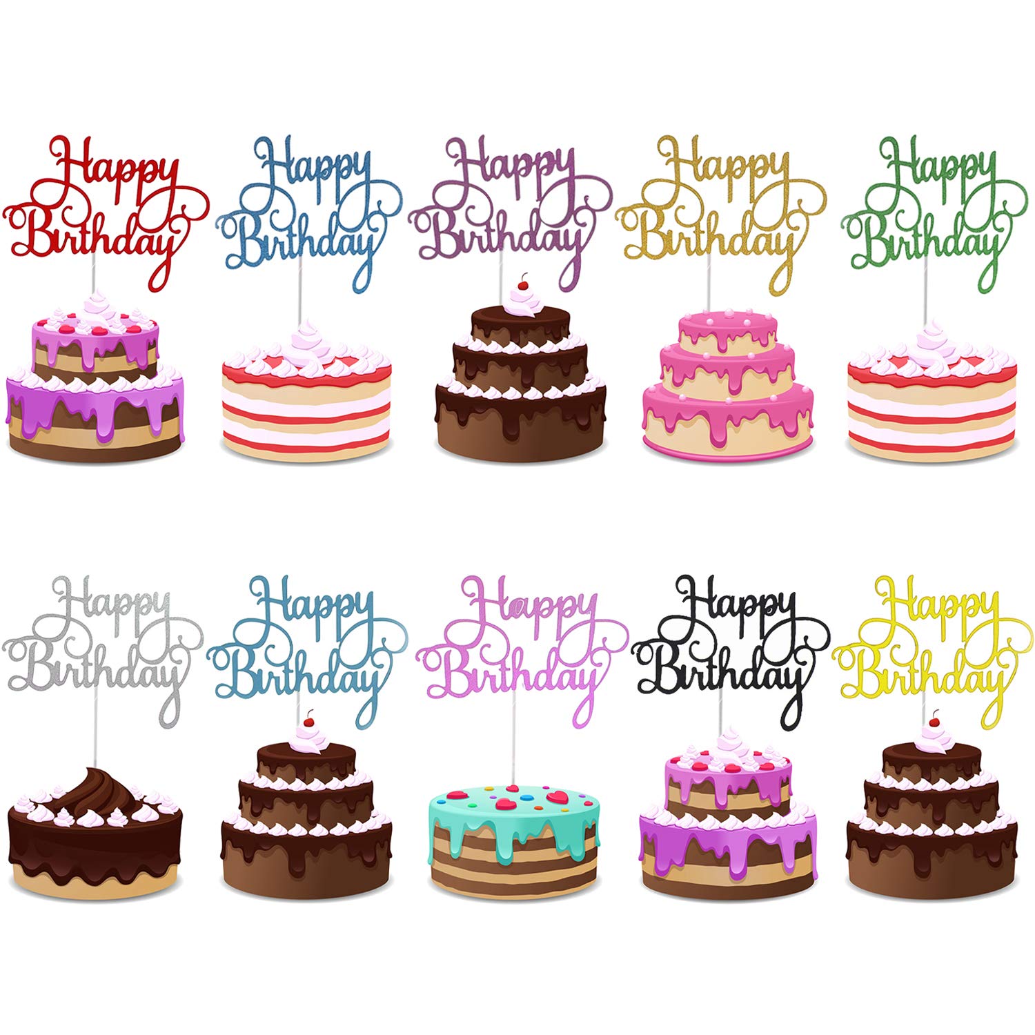 Trounistro 50 pieces Happy Birthday Cake Toppers Glitter Cardstock Topper letters"happy birthday