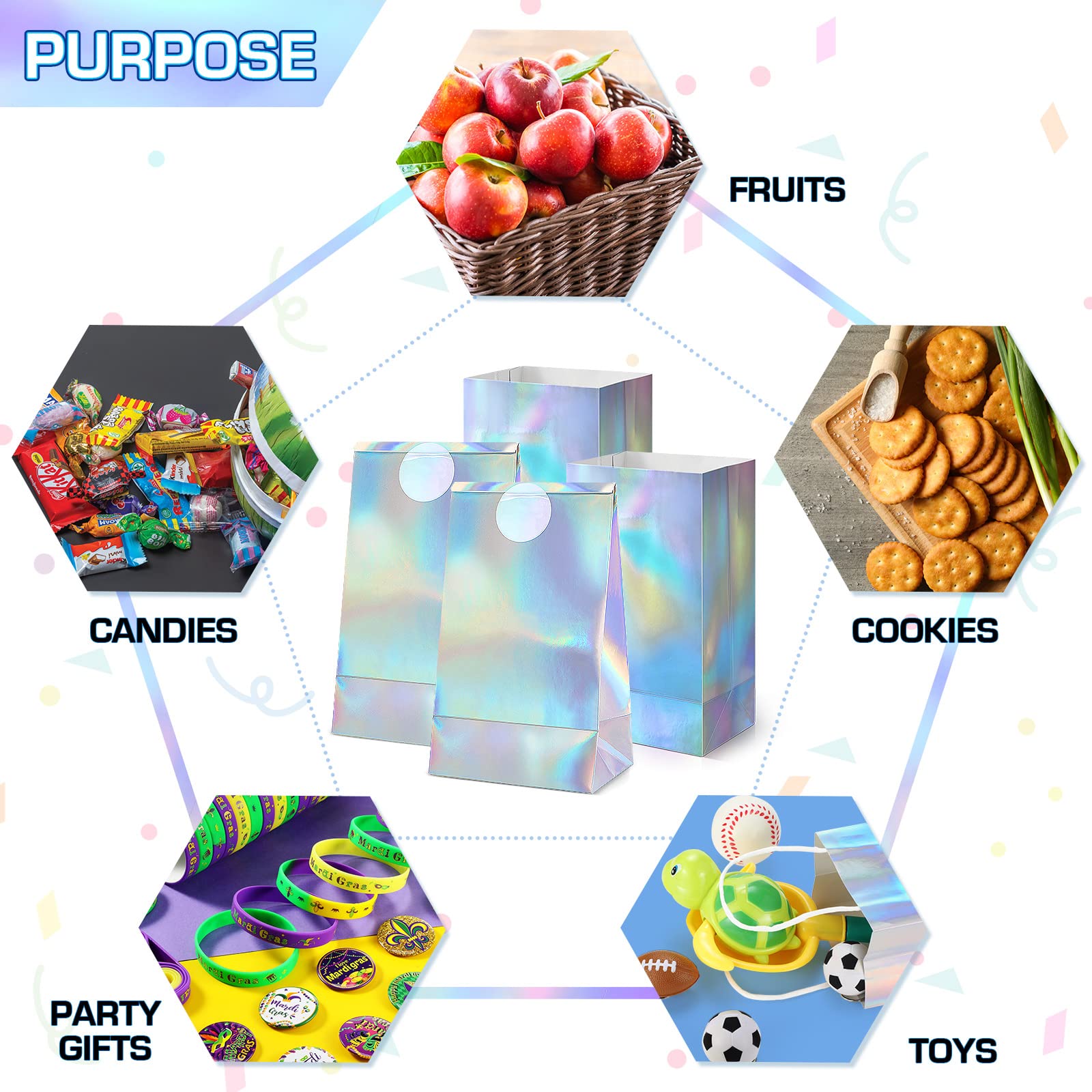 Estune 30 Pcs Iridescent Party Favor Bags with Stickers Holographic Paper Gift Bags 8. 3 x 5 x 3 Inch Reusable Glitter Foil Goodie Candy Handbag for Baby Shower Wedding Birthday Party Supplies