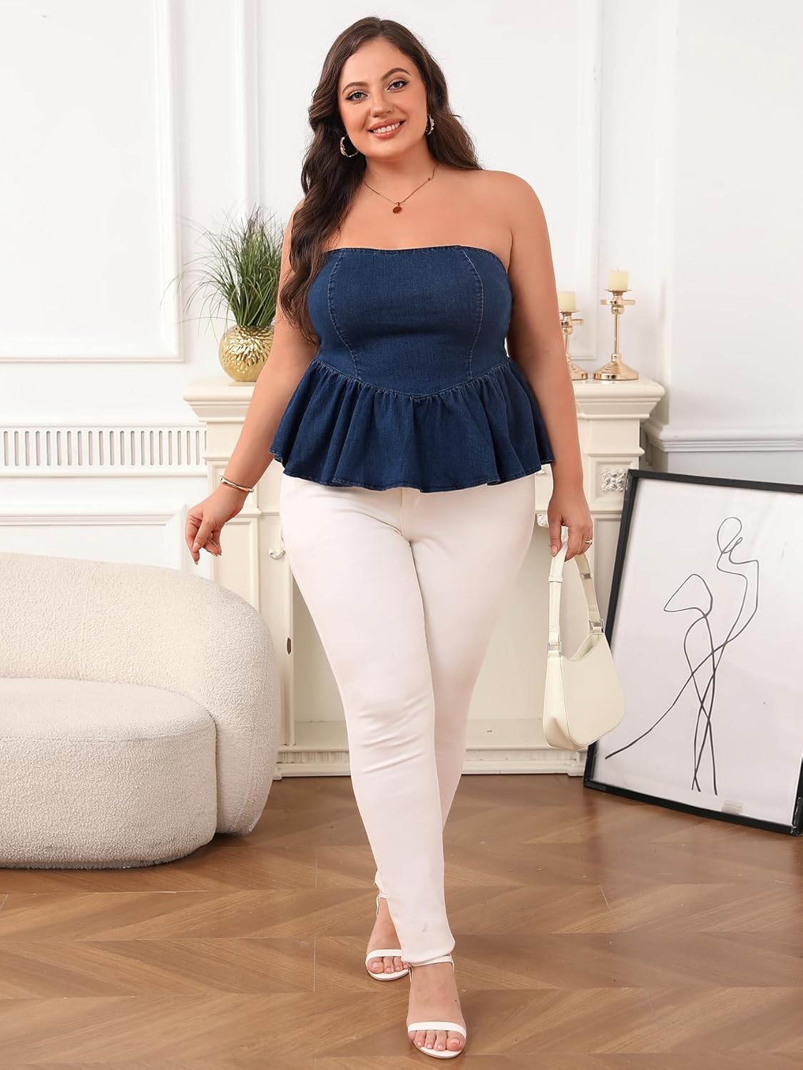 SweatyRocks Women's Plus Size Strapless Denim Ruffle Top Camisole Peplum Y2K Jean Tube Tops - Image 5