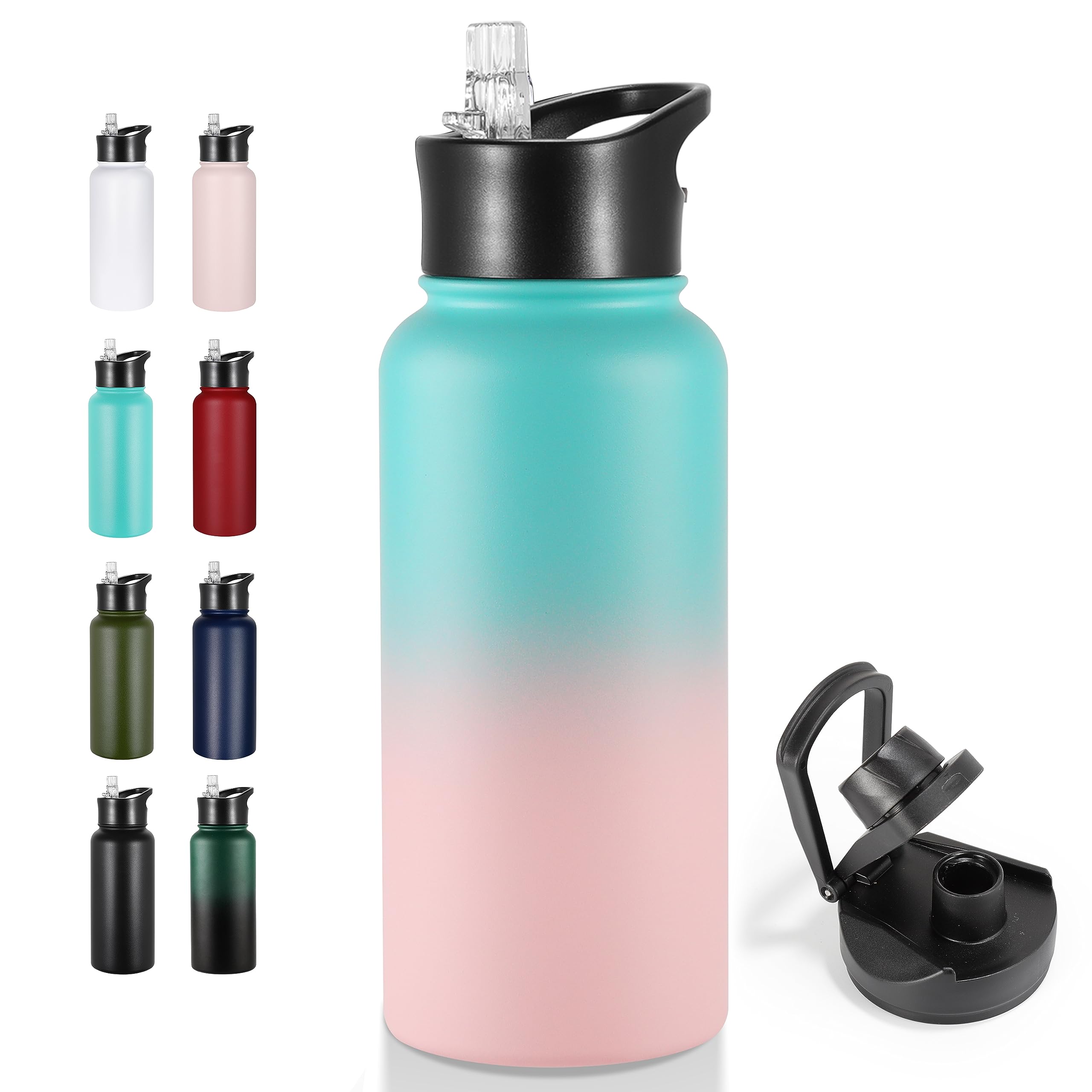 VEGOND 32 oz Insulated Water Bottle Stainless Steel Metal Water Bottles with Leak Proof Straw Lid & Spout Lid, Wide Mouth Double Walled Vacuum Travel
