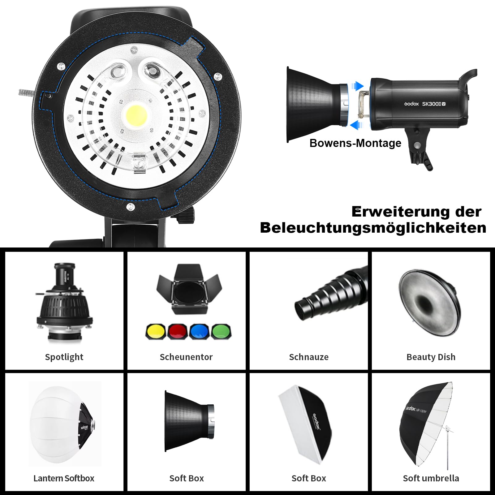 GODOX SK300IIV 300Ws Flash de Estudio Profesional Strobe con GN58,0.1-1.5S Tiempo de Reciclaje,2.4G X Sistema,Montura Bowens,10W LED Lámpara de Modelado para Rodaje, Retrato Fotografía