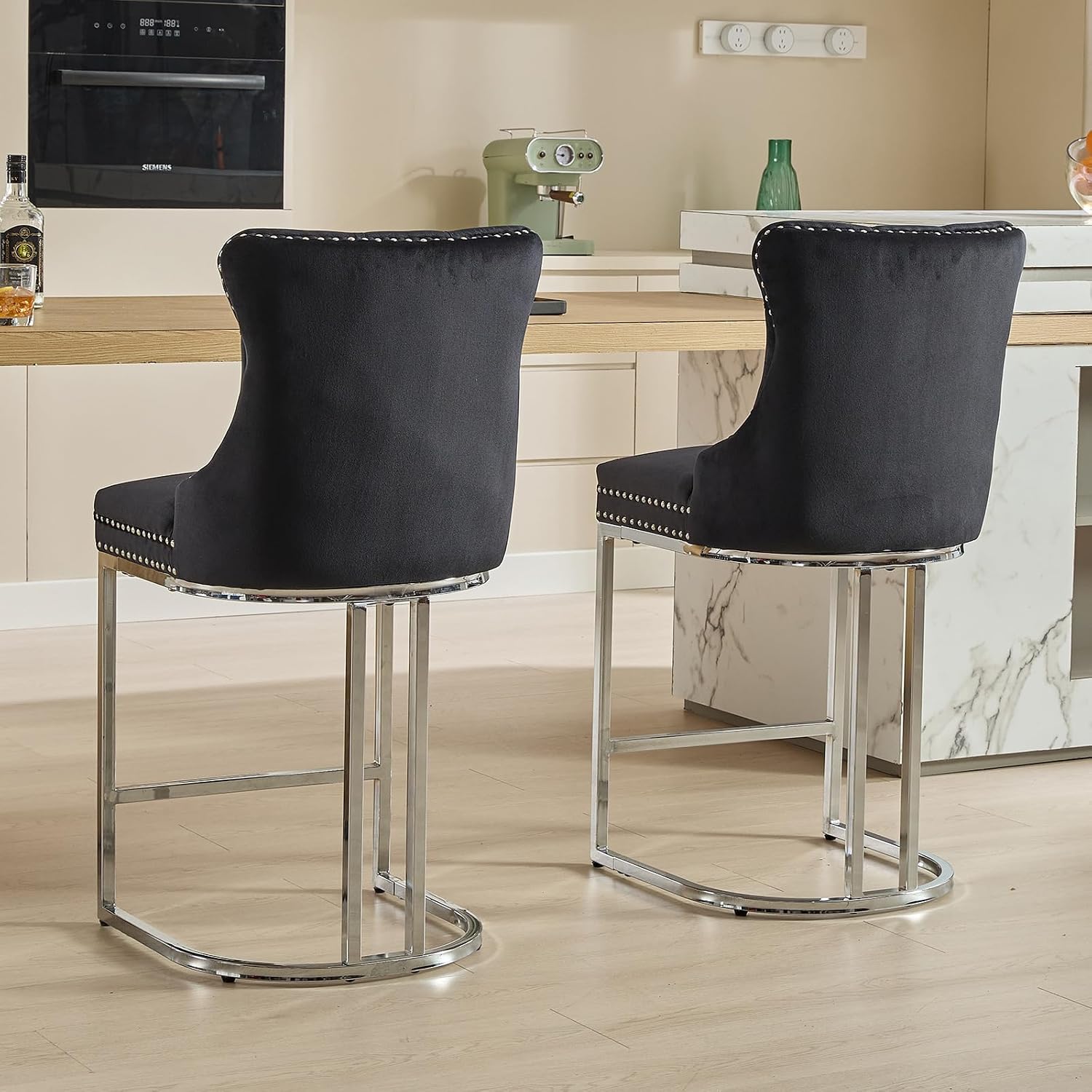 25" Mid Century Modern Velvet Counter Height Bar Stools Set of 4, Metal Leg Barstools with Backs, Black Kitchen Island Bar Chairs, Bancos para Barra de Cocina, Fabric Upholstered (Black, 4 Pcs)