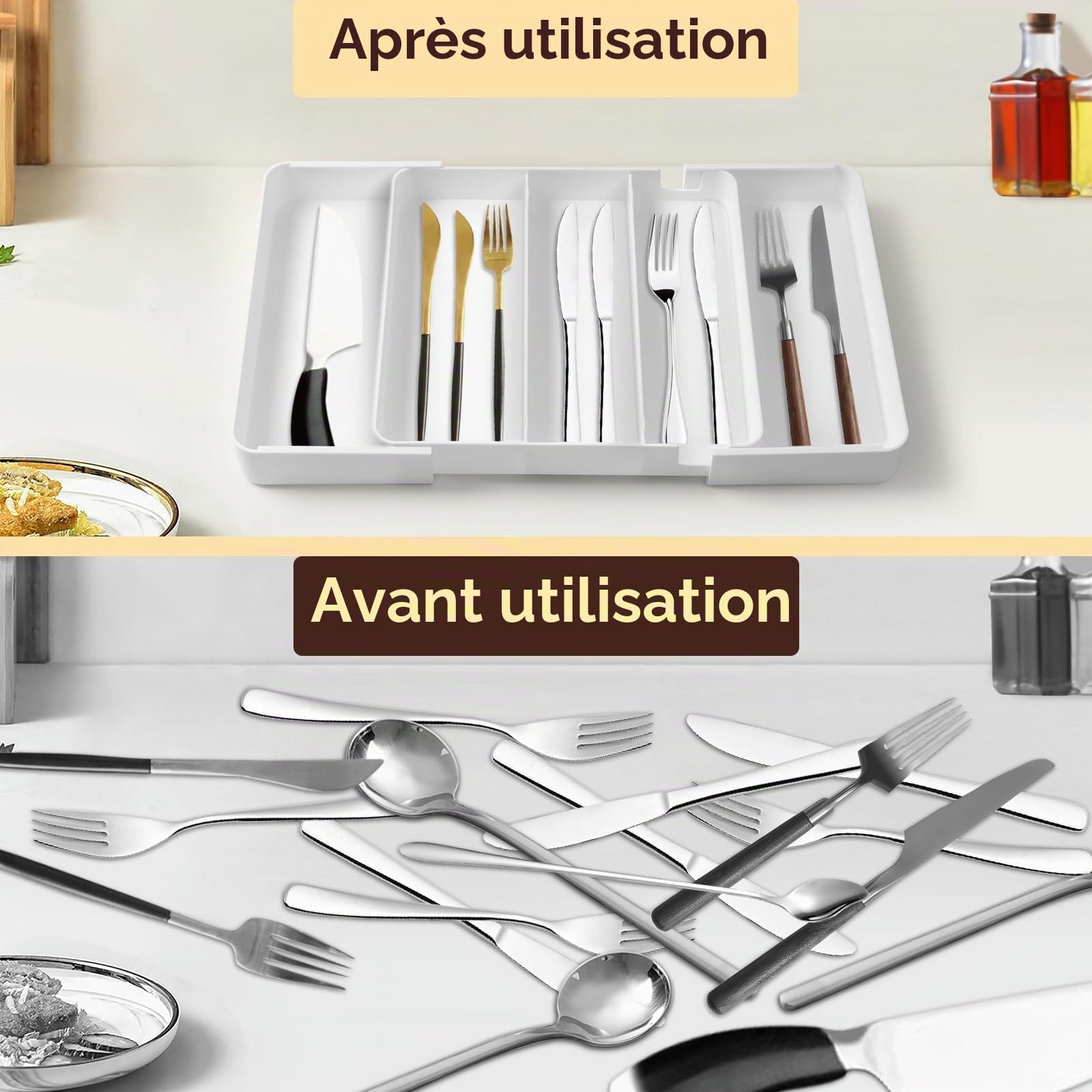 2 Pièce Range Couvert Tiroir Extensible, Rangement Couvert | Profondeur 27 cm, Extensible Jusqu'à 45,5 cm, Range-couverts Amovible, Organisateur Couverts Tiroir avec 5 Compartiments
