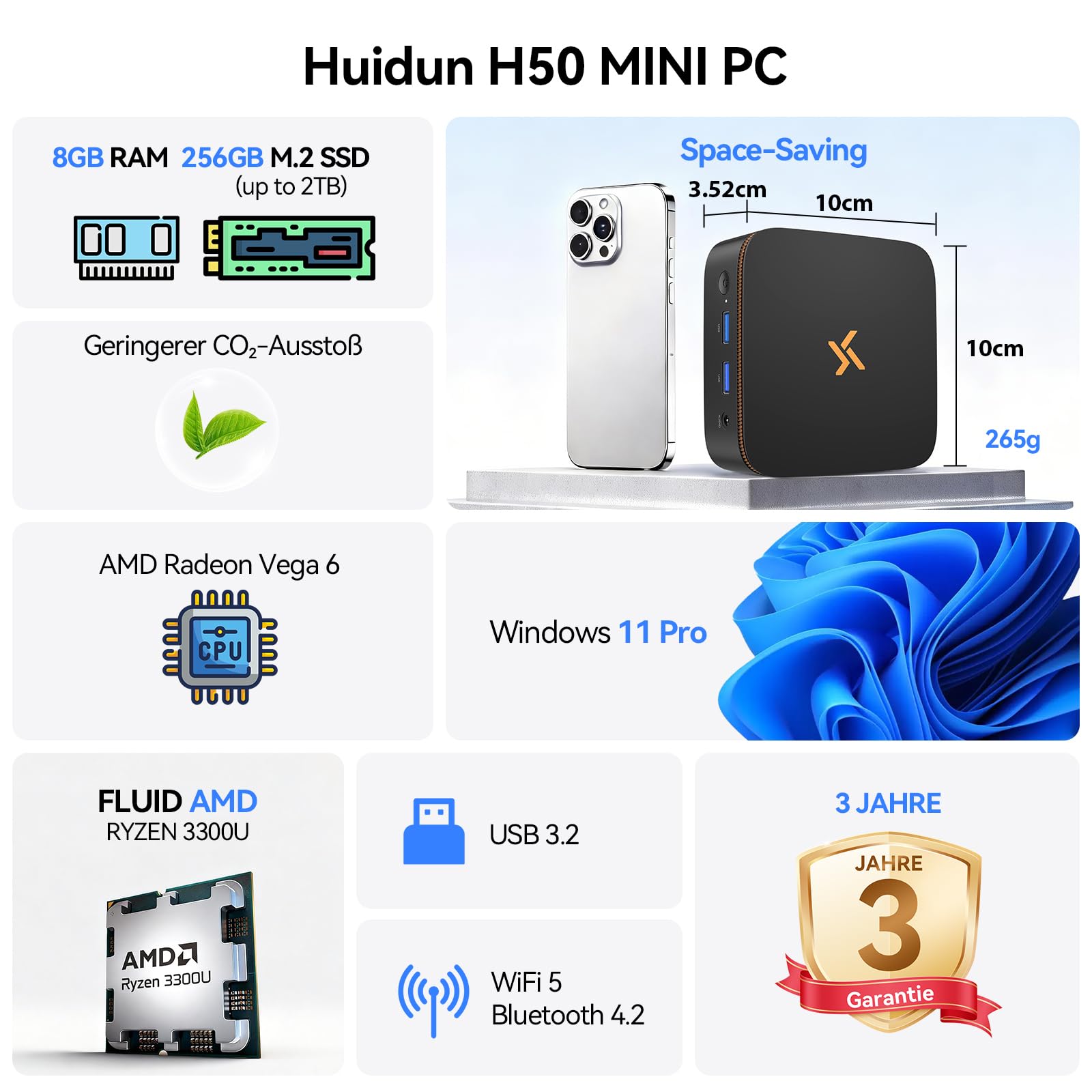 Huidun H50 AMD Ryzen 3300U Mini PC (25% mehr Leistung als N95), 256GB SSD Win 11 Pro Micro PC, Dual WiFi, DP+HDMI 4K@60Hz, USB3.2 Für Business/Heimkino/Schule[3 Jahre Garantie]
