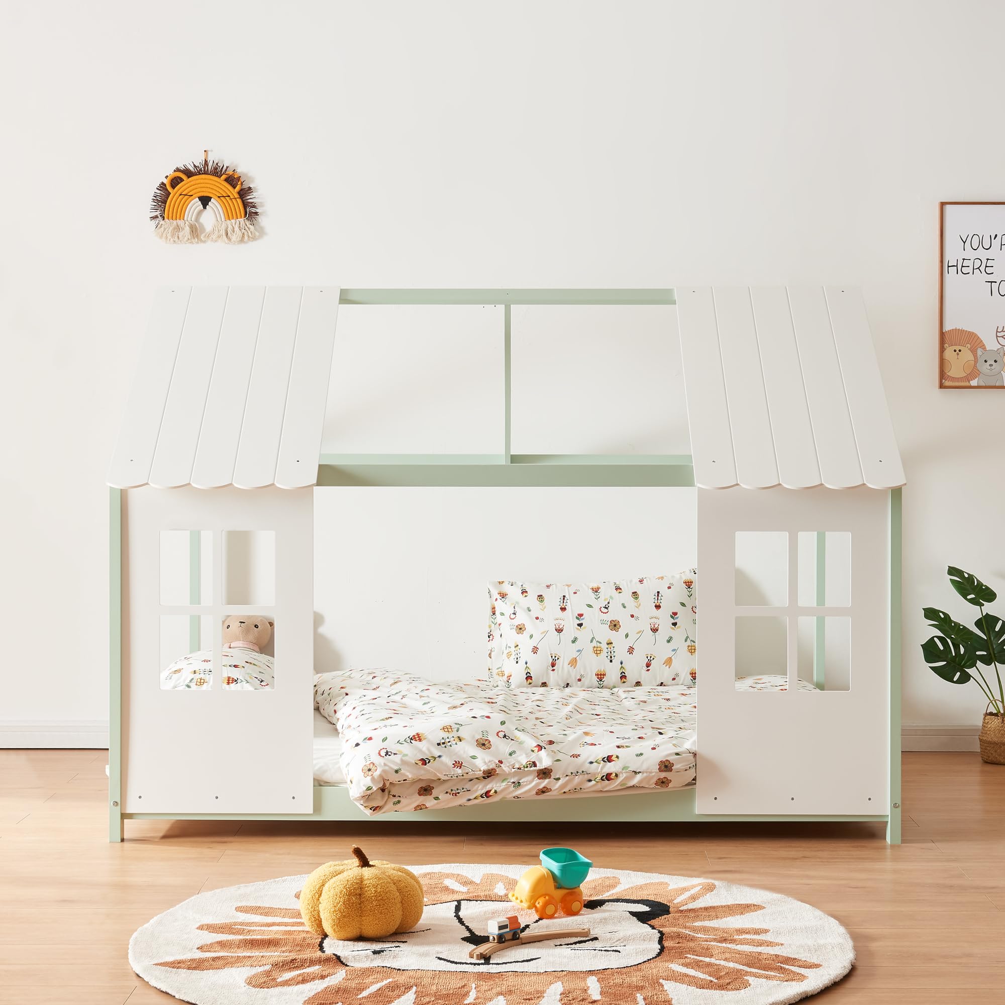 [en.casa] Cama Infantil Tostedt para Niños y Niñas en Forma de Casa con Ventanas y Techo Cama con Somier y Colchón máx. 200 kg Montessori 140 x 200 cm Madera de Pino - Verde Menta/Blanco