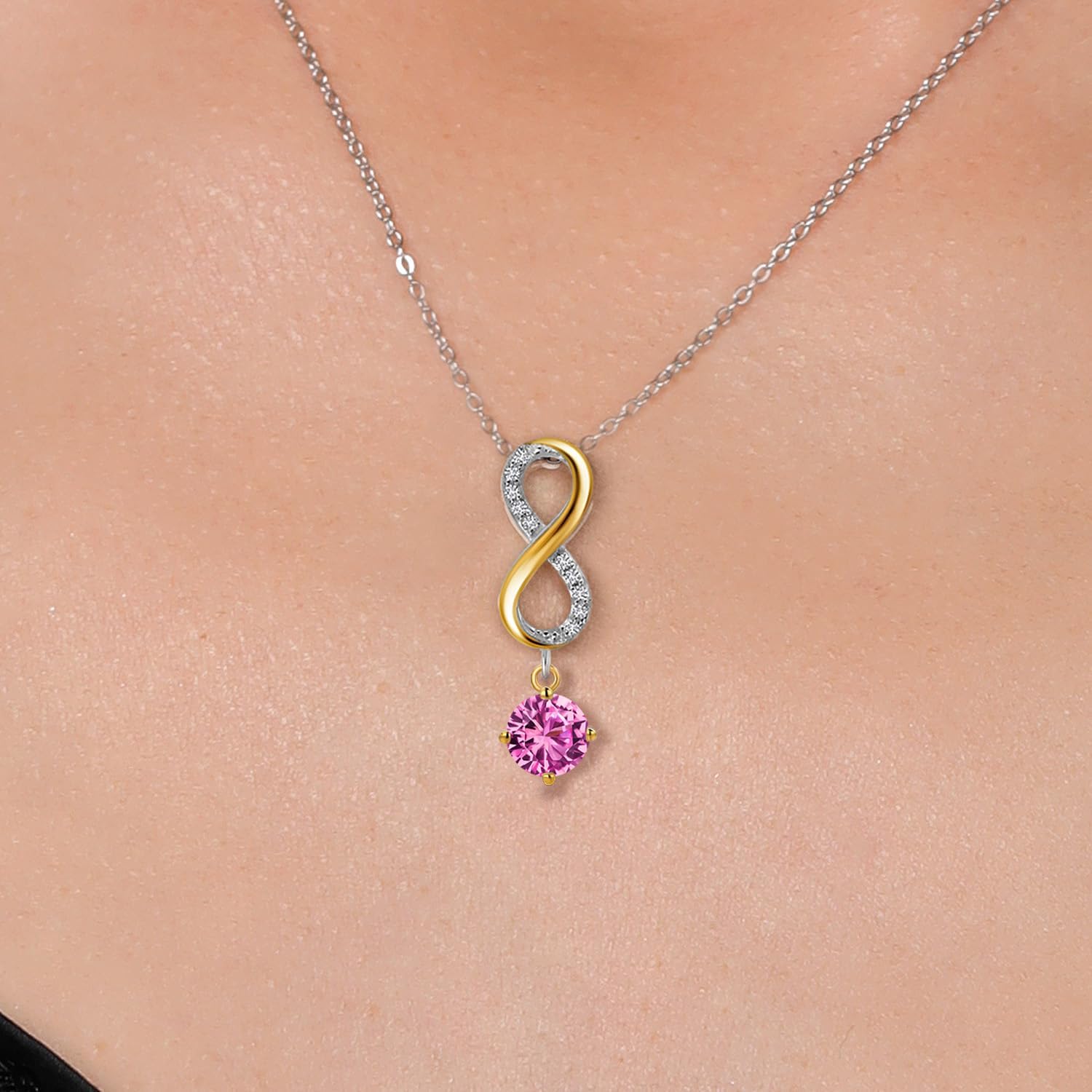 Gem Stone King 925 Silver and 10K Yellow Gold Pink Created Sapphire and Lab Grown Diamond Pendant Necklace for Women | 1.18 Cttw | Gemstone September Birthstone | Round 5MM | With 18 Inch Chain - Image 3