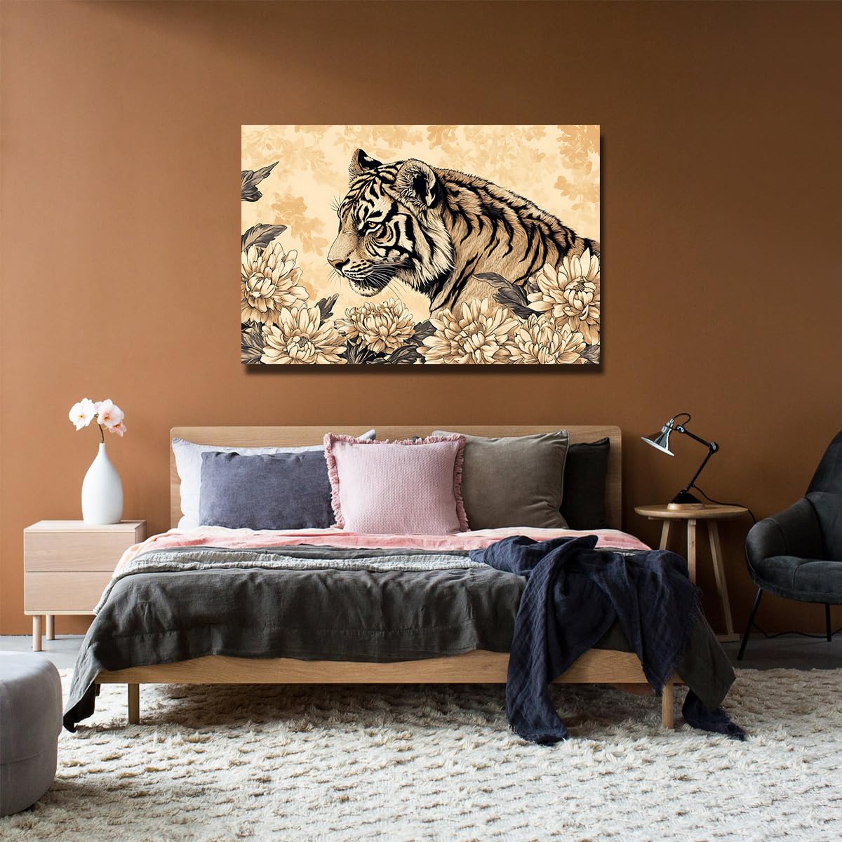 YUNART Tygrys sztuka ścienna japoński styl plakaty vintage kwiaty botaniczne obrazy na płótnie do salonu dekoracja ścienna sypialni 60x90cm