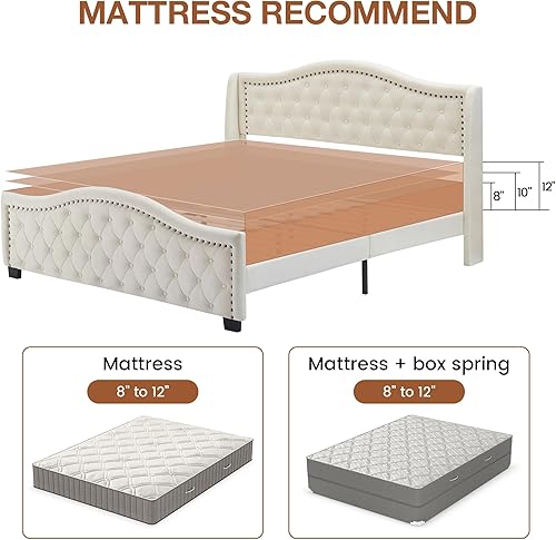 Miniatura 16 de Base de cama de plataforma tapizada tamaño Queen con cabecero alto de 47.2 pulgadas, cama Queen con botones de terciopelo y cabecera con alas con