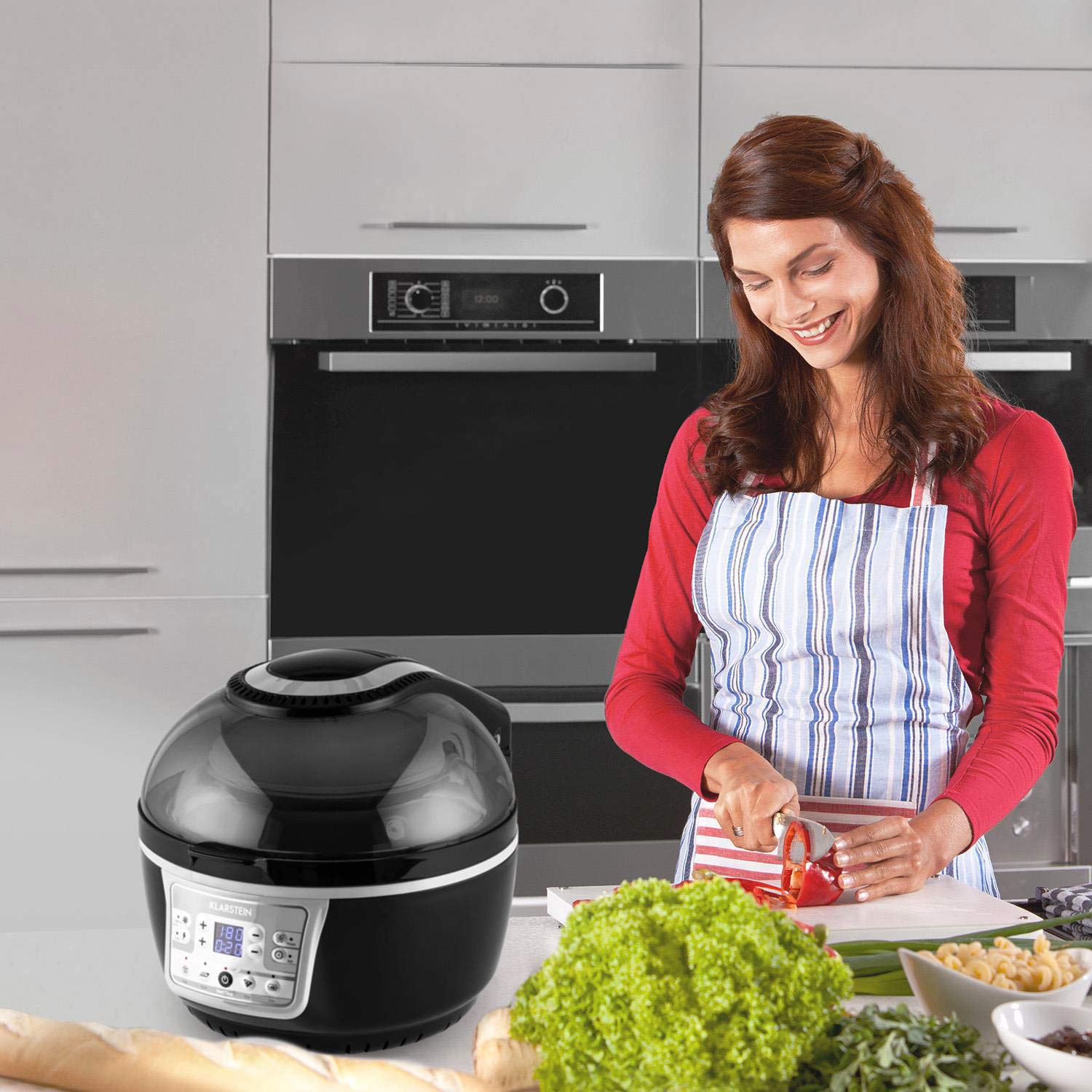 Klarstein VitAir Turbo Frytkownica beztłuszczowa - 1400 W frytkownica, Airfryer z komorą 10 litrów, 50 do 230 °C, Timer, Element halogenowo-podczerwony, Design kopułowy, czarno-szara