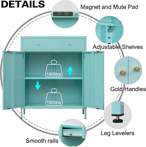 Miniatura 4 de CMY Aparador de buffet, gabinete de almacenamiento de metal con cajón y puertas, gabinete de oficina en casa con estante ajustable y niveladores de