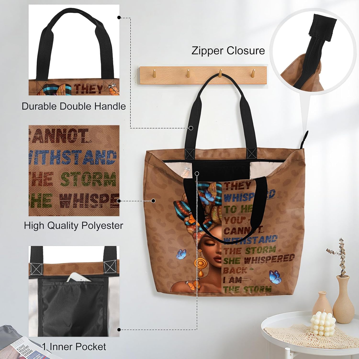 African American Women Tote Bag Black Shoulder Handbag For Women Fit Work Beach Labtops With Zip - Image 5