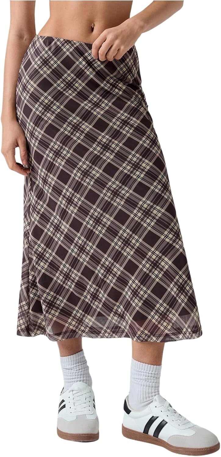 SHENHE Women's Y2k Mesh Plaid Skirt Low Rise A Line Flared Vintage Fall Midi Skirt