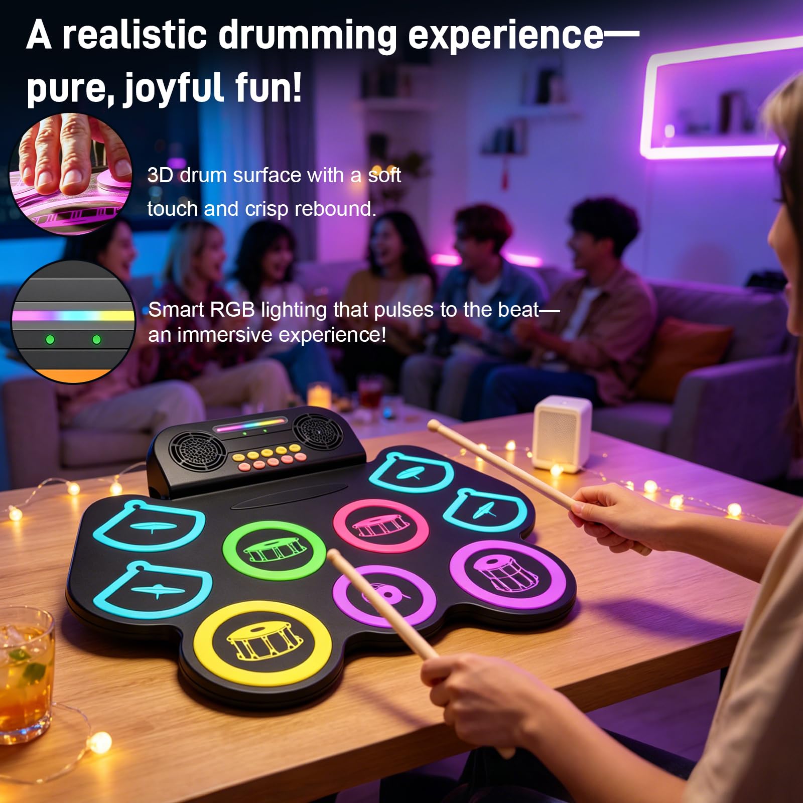 Set di batteria elettronica a 9 pad, con due pedali e bacchette, kit E-Drum portatile arrotolabile in silicone, adatto a bambini e principianti, regalo ideale strumento musicale