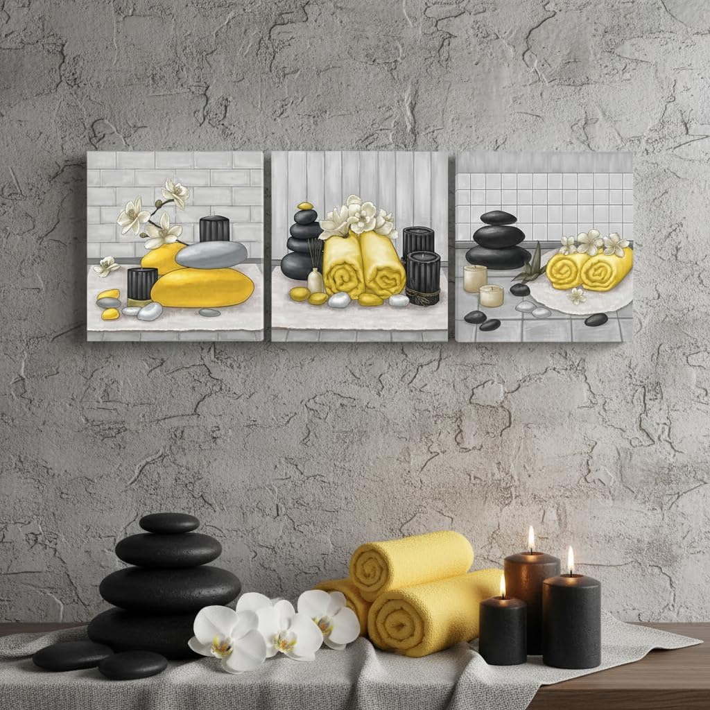 RnnJoile Spa Canvas Wall Art Zen Stone Orchid Picture Painting Yellow Still Life Prints for Bathroom Zen Meditation Room Decor Framed 12"x12" for Each