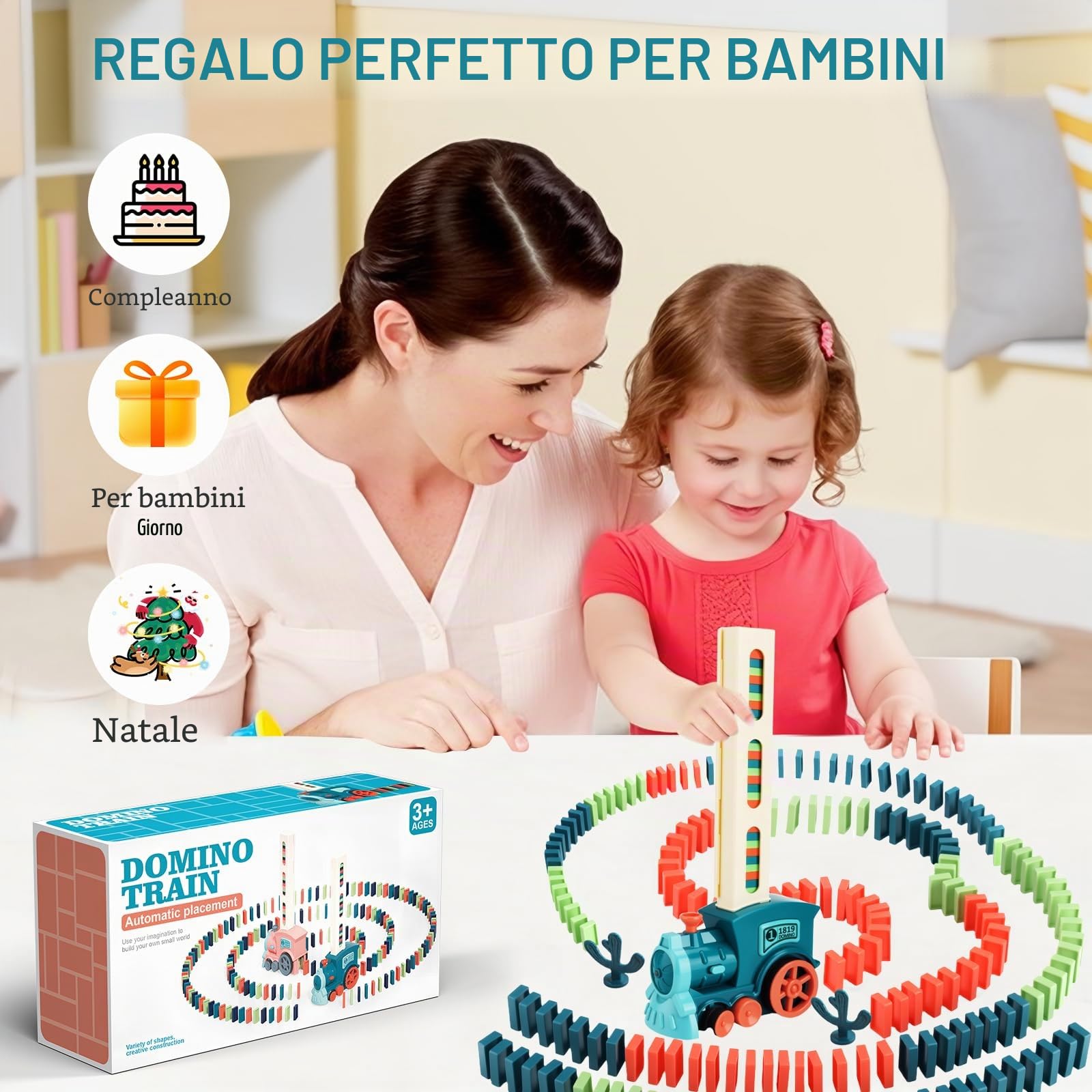UCAMP Treno del Domino Elettrico per Bambini, Automatico Trenino Toy Set con 200 Blocchi, con Luci e Suoni, per Giocattoli di 3 4 5 6 7 8 Anni, Giochi Regalo Natale/Compleanno