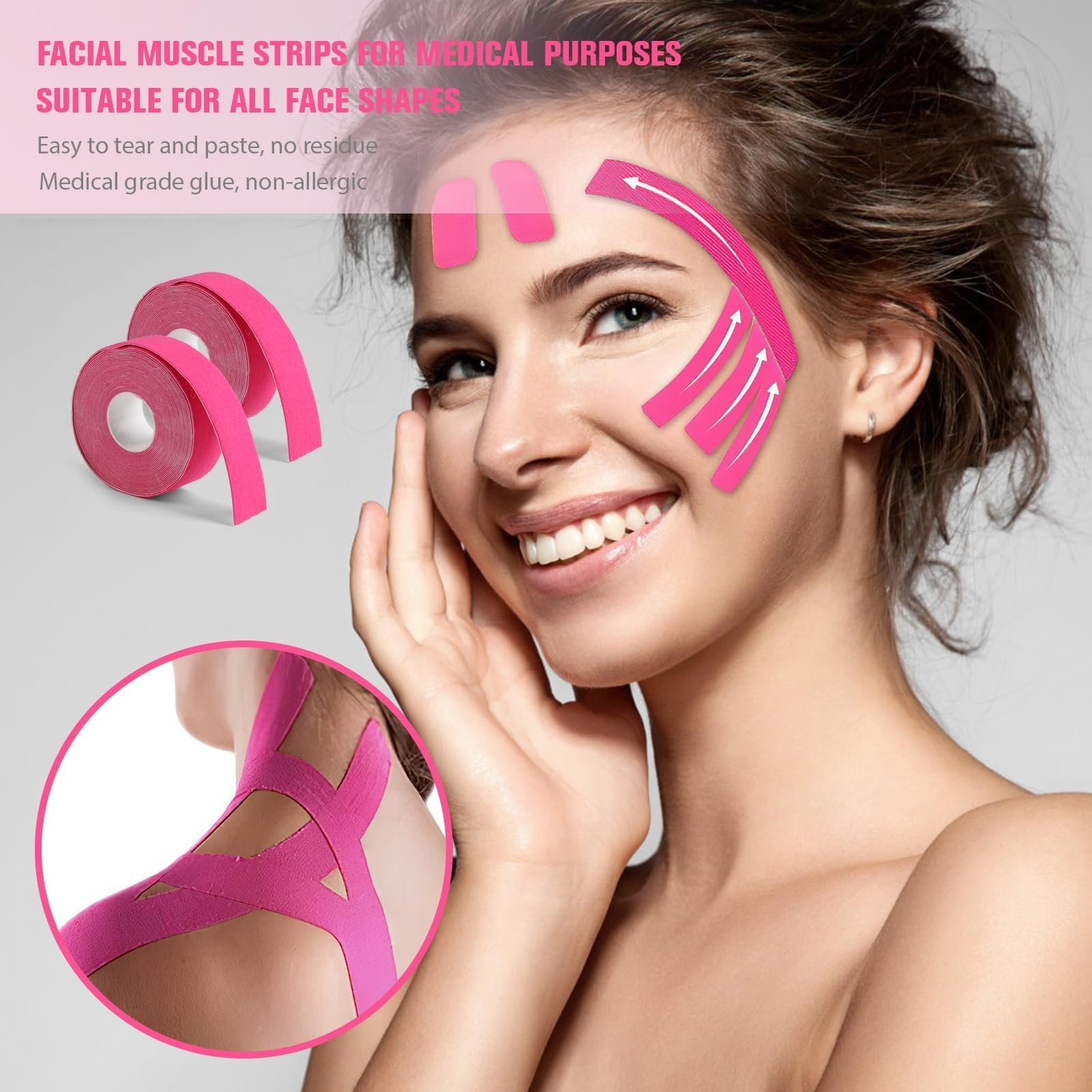 Nastro Lifting Facciale 2.5cm*5m - Cerotti Antirughe Effetto Lifting per Rassodamento e Rimodellamento del Viso, Adesivi Viso Traspiranti e Sicuri, Ideali per un Contorno Viso Definito (Rosa)