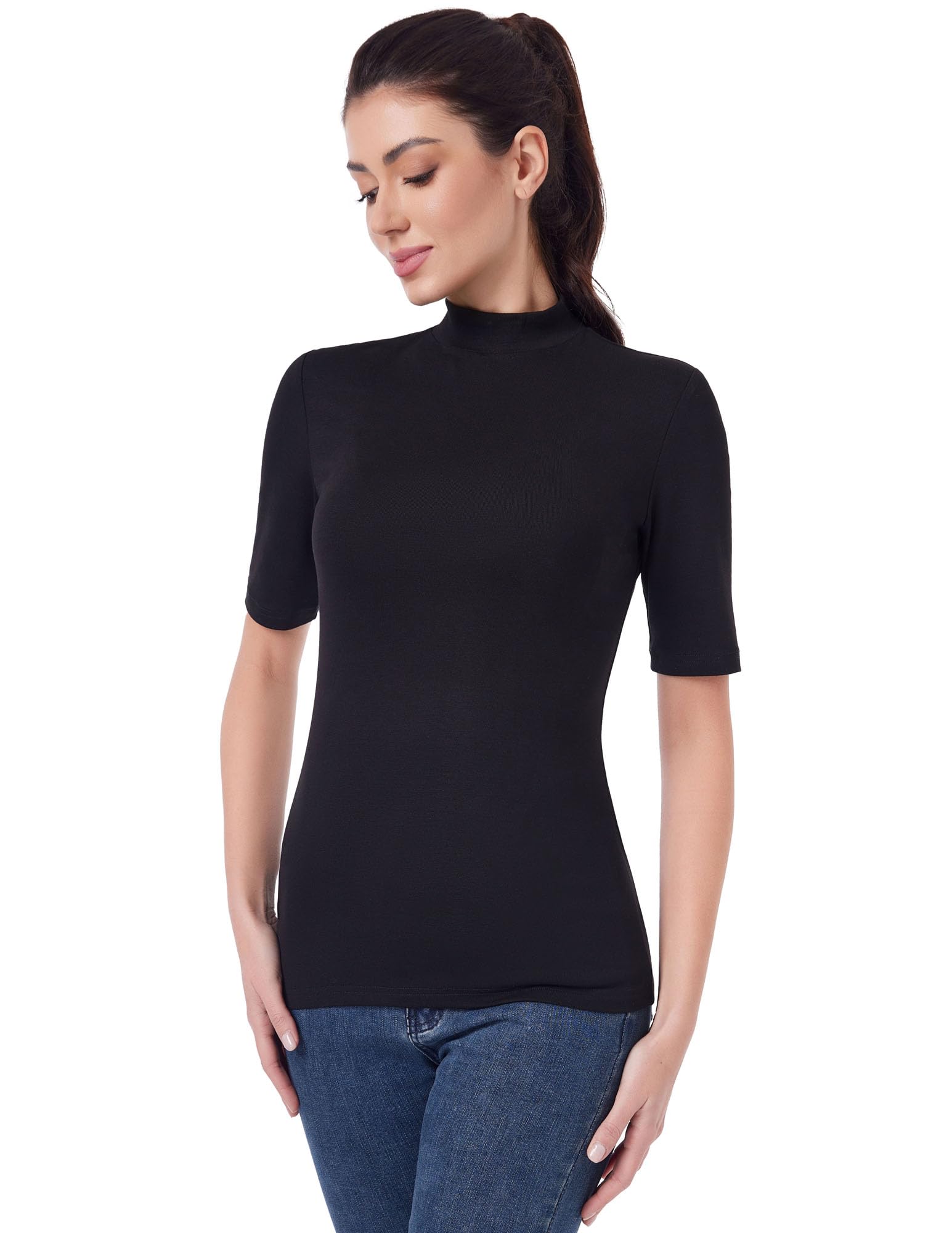 AmélieBoutikWomens Slim Fitted Mock Turtleneck Tops Short Sleeve Lightweight Base Layer Shirts