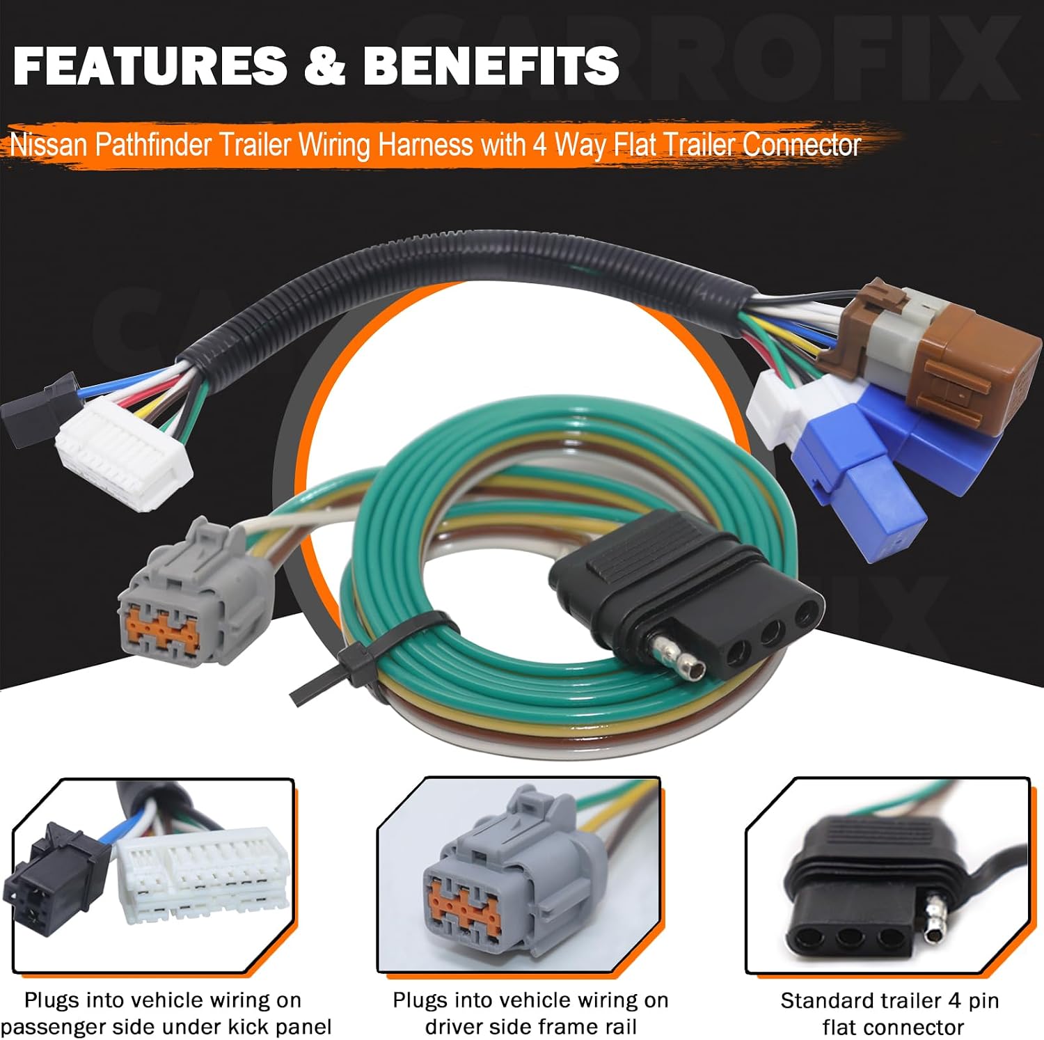 Custom-Fit 4 Way Flat Trailer Wiring Harness with Connector, Compatible with Nissan Pathfinder; Infiniti QX60