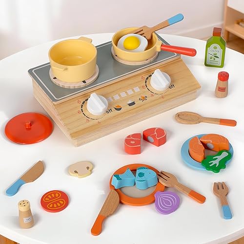Miniatura 7 de Juego de accesorios de cocina, juego de cocina de madera con sonido interactivo y estufa de almacenamiento, ollas y sartenes, comida de juego