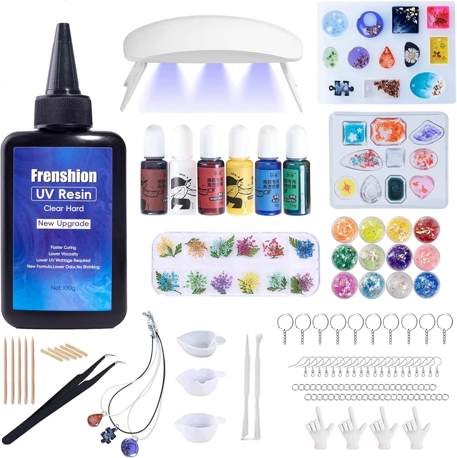 UV Resin Kit with Light,126Pcs Resin Jewelry Making Kit with 100g Low Viscosity Hard Faster Cure UV Resin, Color Pigment, Resin Accessories, UV Resin Starter Kit for Jewelry Earrings Necklace Bracelet