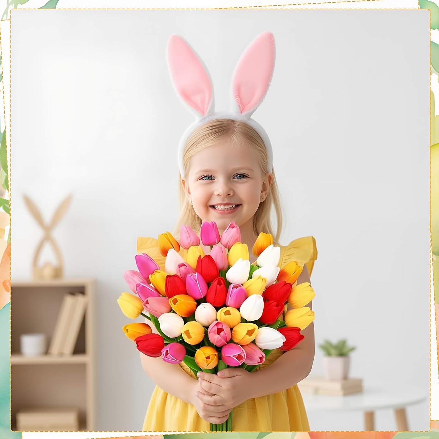 48 Pcs Artificial Tulips Fake Flower Bouquet PU Real Touch Mixed Colors Easter Spring Floral Decorations Wedding Mother's Day Home Office Party Decor