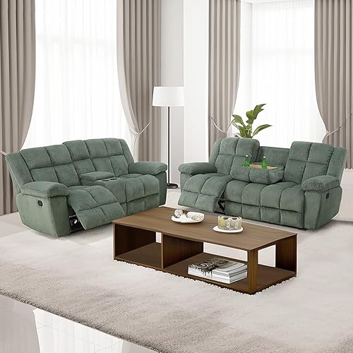 Miniatura 7 de Juego de sofá reclinable para muebles de sala de estar, juego de sofá y silla reclinable de pana verde, tela manual, sofá reclinable de 3 plazas con