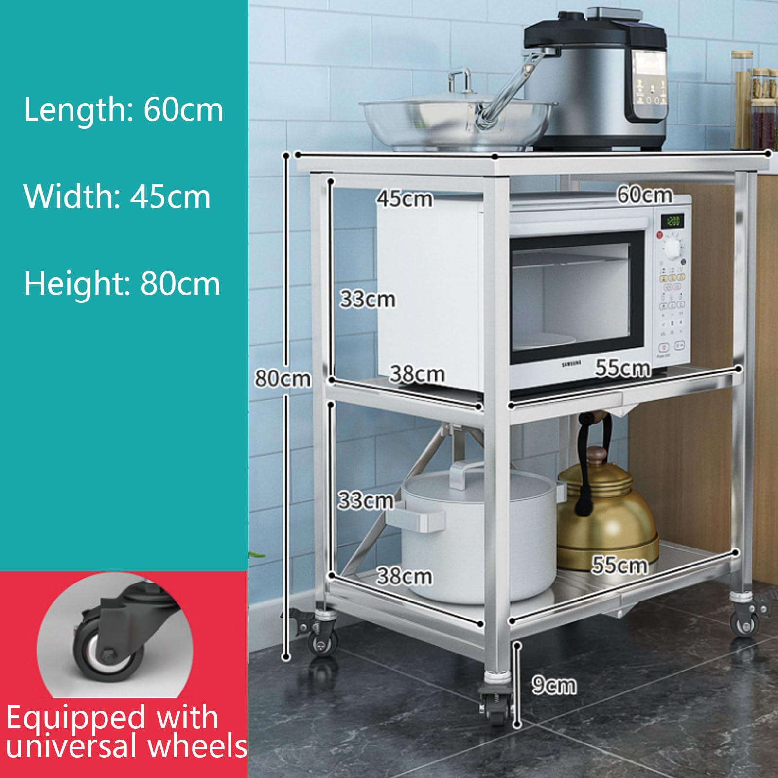 Trolley Stainless Steel 3 Tier Folding Kitchen Cart with Locking Wheels Outdoor Service Cart for Hotels Restaurants and Garages