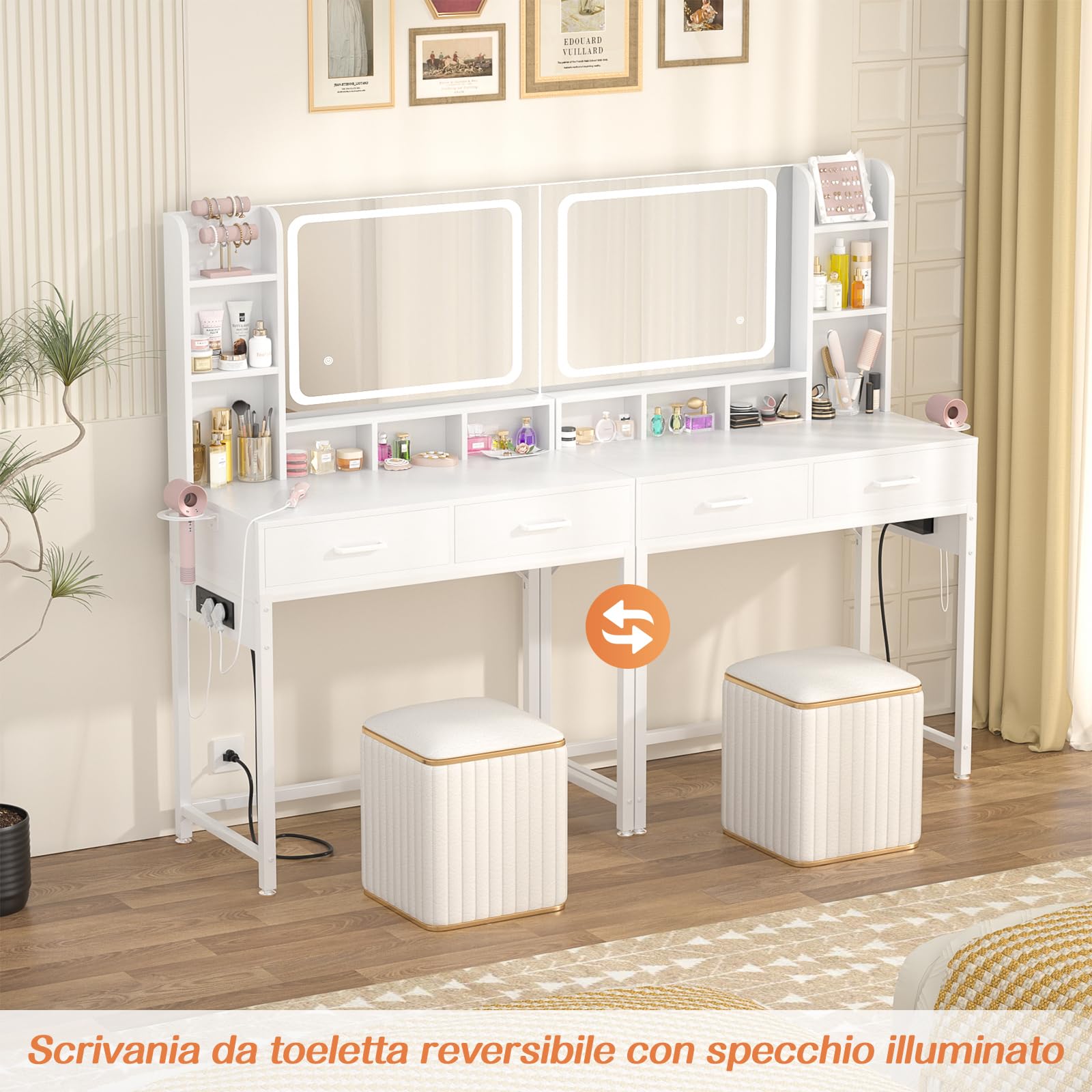 iSunirm Moderno Toeletta da Trucco con Specchio e Luce LED,Toeletta con 2 Cassetti e 1 Scaffali,Tavolo da Toeletta con Presa Elettrica,Adatto per Camera da Letto e Soggiorno,Bianco