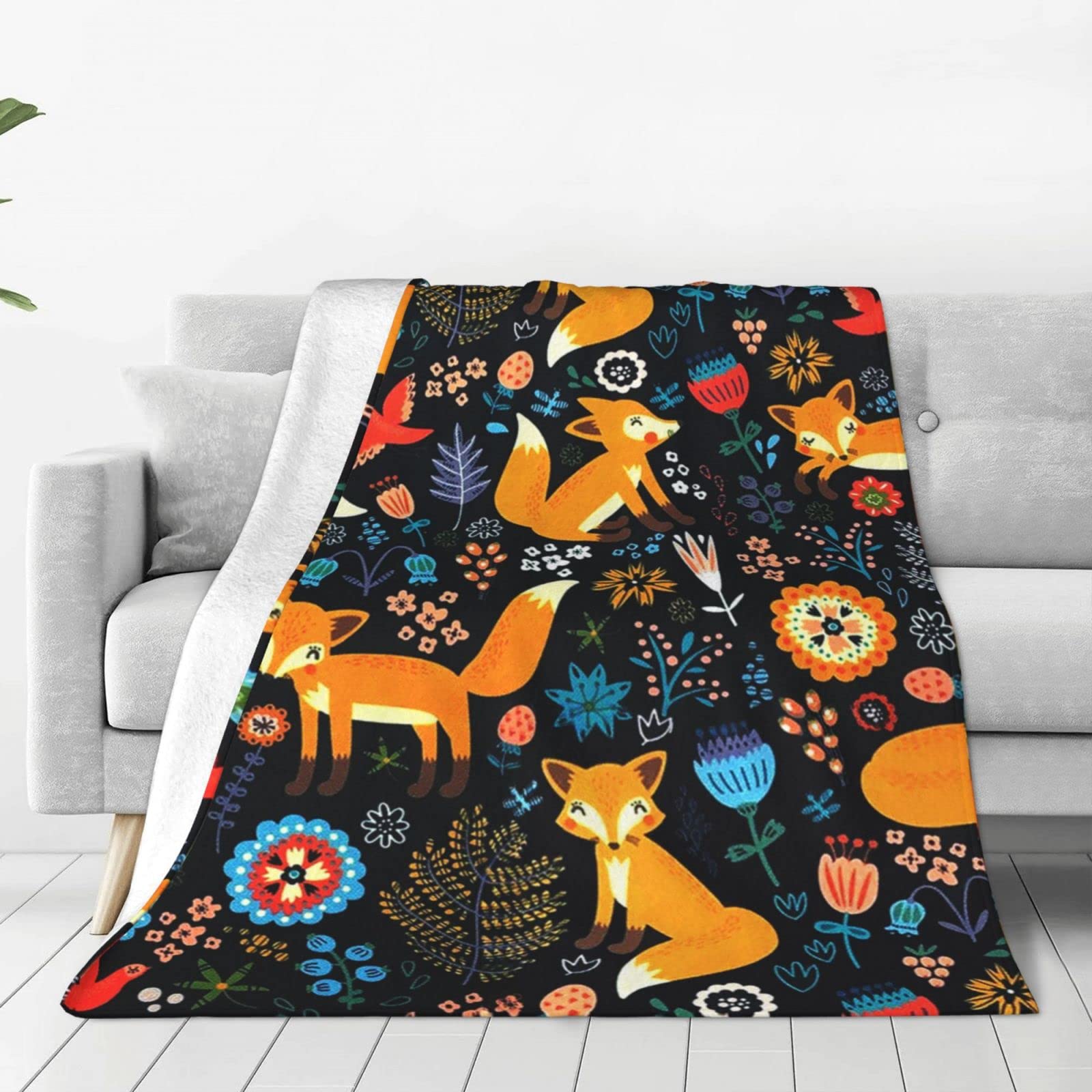Cute Fox and Flowers Blanket Flannel Fleece Throw Blankets Soft Ligthweight Cozy for Couch Bedding Sofa Living Room Suitable for for Kids or Adults All Seasons 50x60 Inches