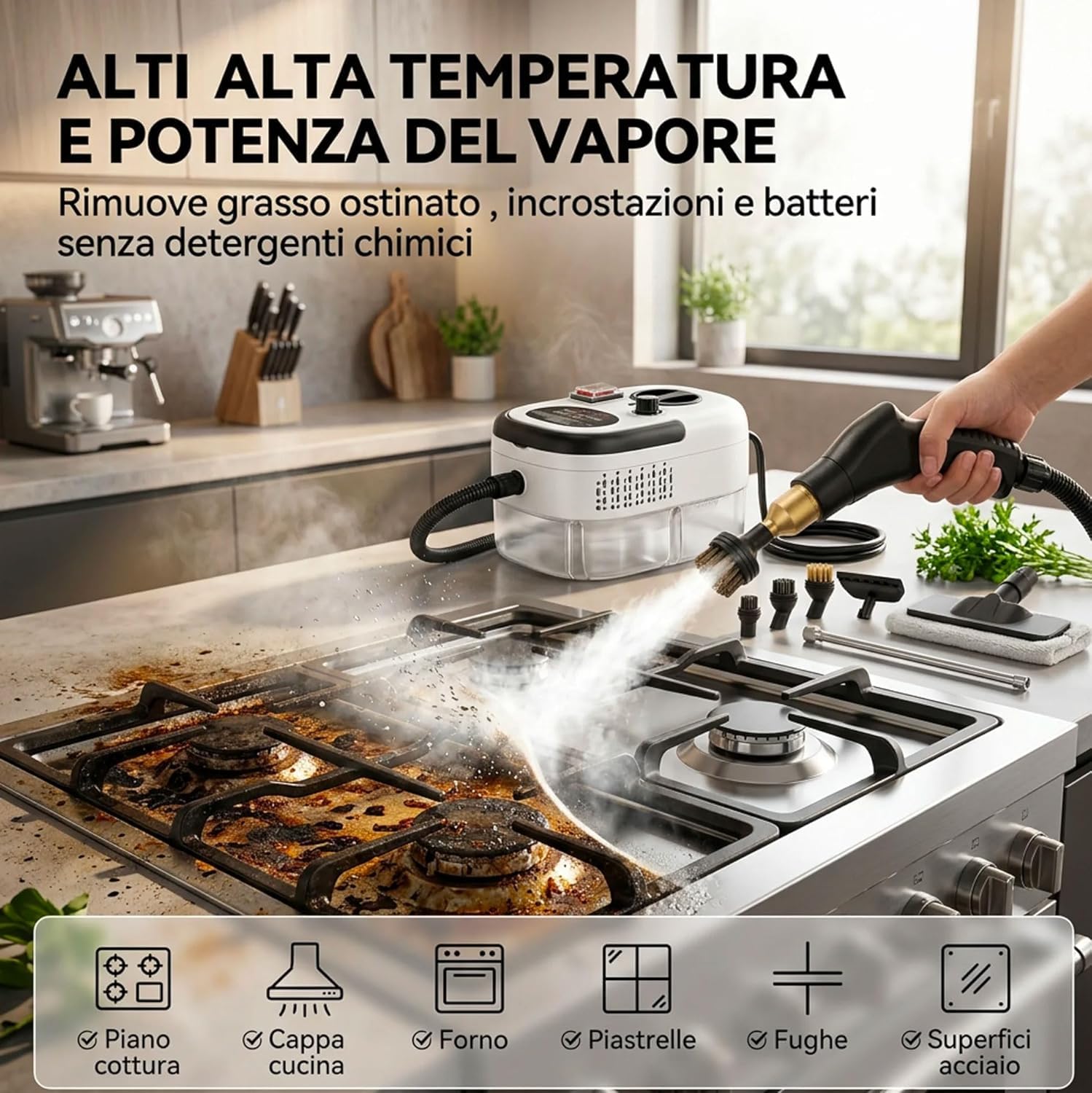 081 Store - Pulitore a Vapore 2500W Alta Pressione con 6 Livelli Di Regolazione, Serbatoio Grande da 1200ml, Vapore fino a 105°C, Kit Accessori Multifunzione per Pulizia Casa, Cucina, Bagno, Divani