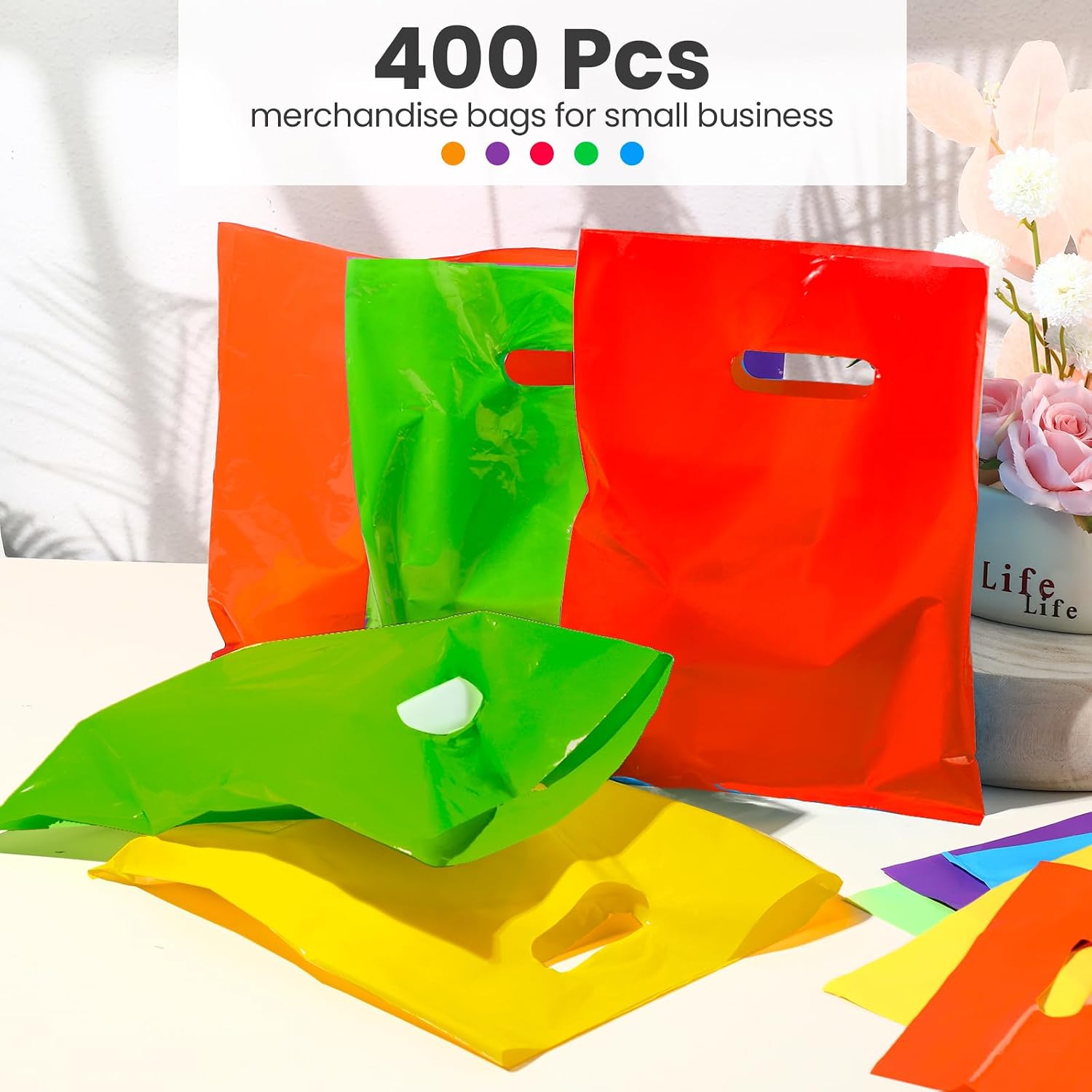 Harloon 400 Pcs Plastic Shopping Bags Bulk 12 x 15 Inch Large Retail Bag with Die Cut Handle Merchandise Bags for Small Business Store Retail Goodies Gifts Party Favors(Red, Orange, Yellow, Green)
