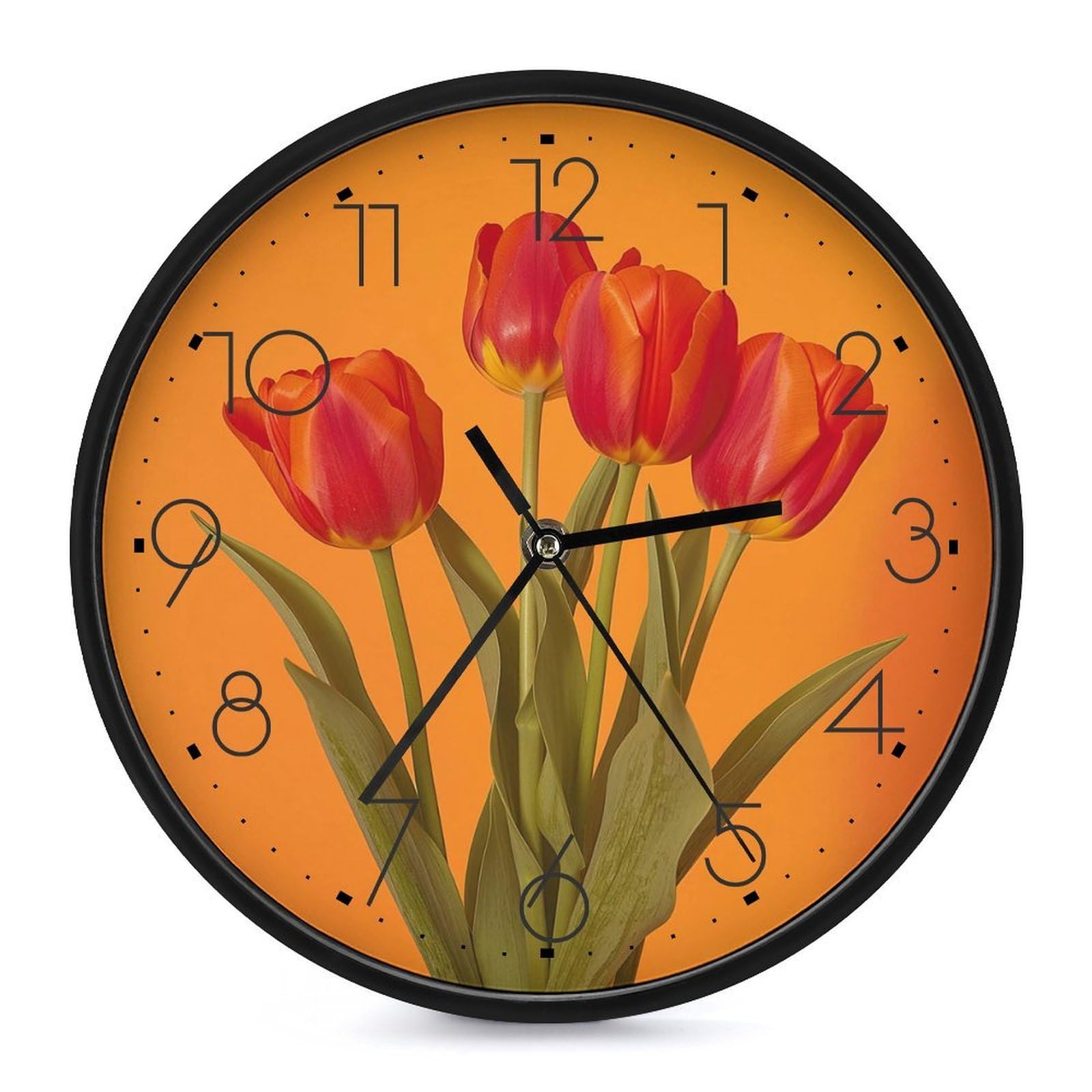 XOPEKVLAWM Wall Clock 10 Inch Non-Ticking Silent Modern Simple Style Round Decor Clocks Red Tulip Flower Clock Decorative Battery Operated Wall Clocks for Home Office Living Room Bedroom Kitchen