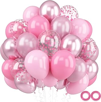 Pink Balloons, 52 PCS 12 Inch Metallic Chrome Pastel Pink Latex Balloons