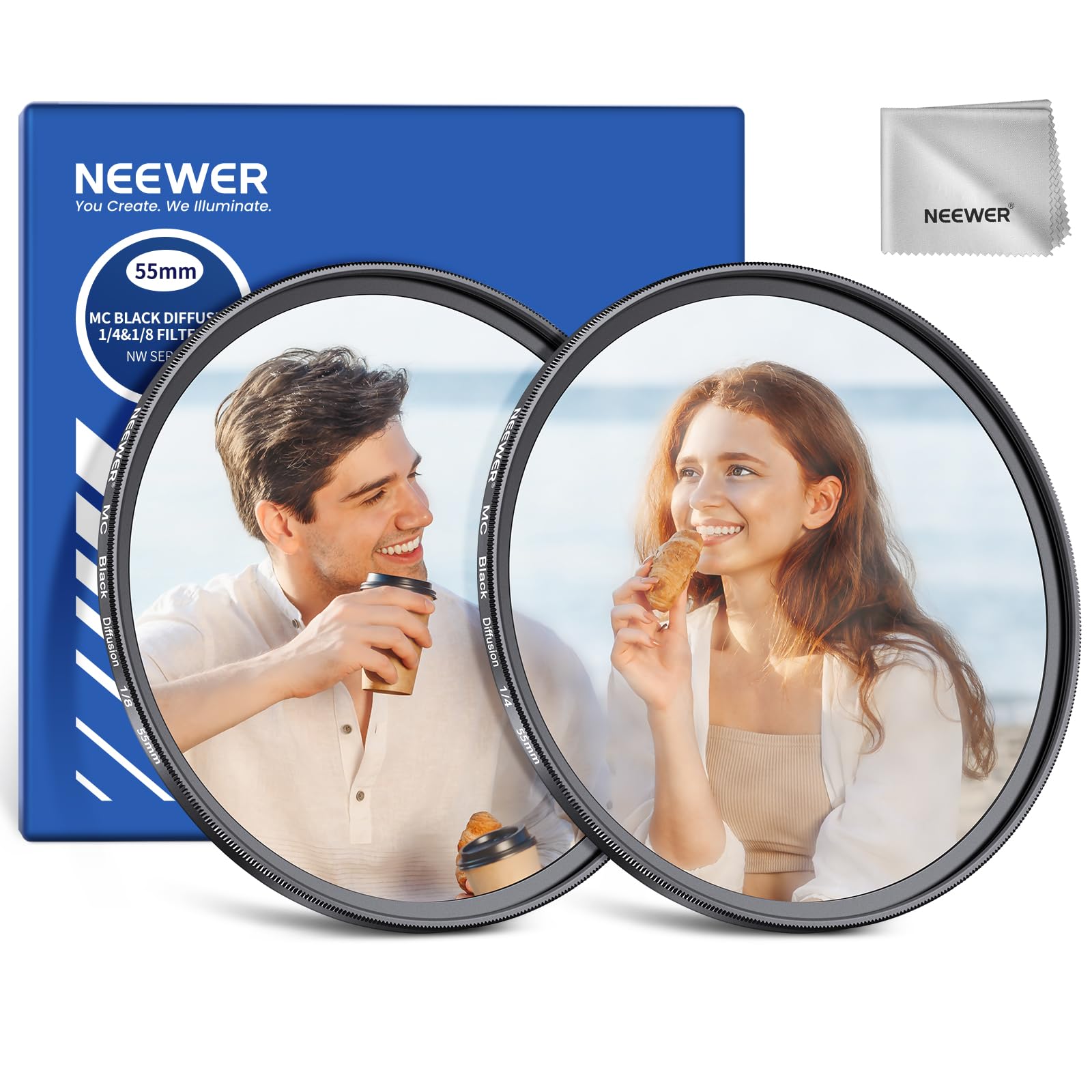 NEEWER 55mm 1/4 &amp; 1/8 Black Diffusion Camera Lens Filter 2 Pack Set, Dreamy Cinematic Effect Filter Multicoated Glass Storage Case Cleaning Cloth, for Portrait Photography Video